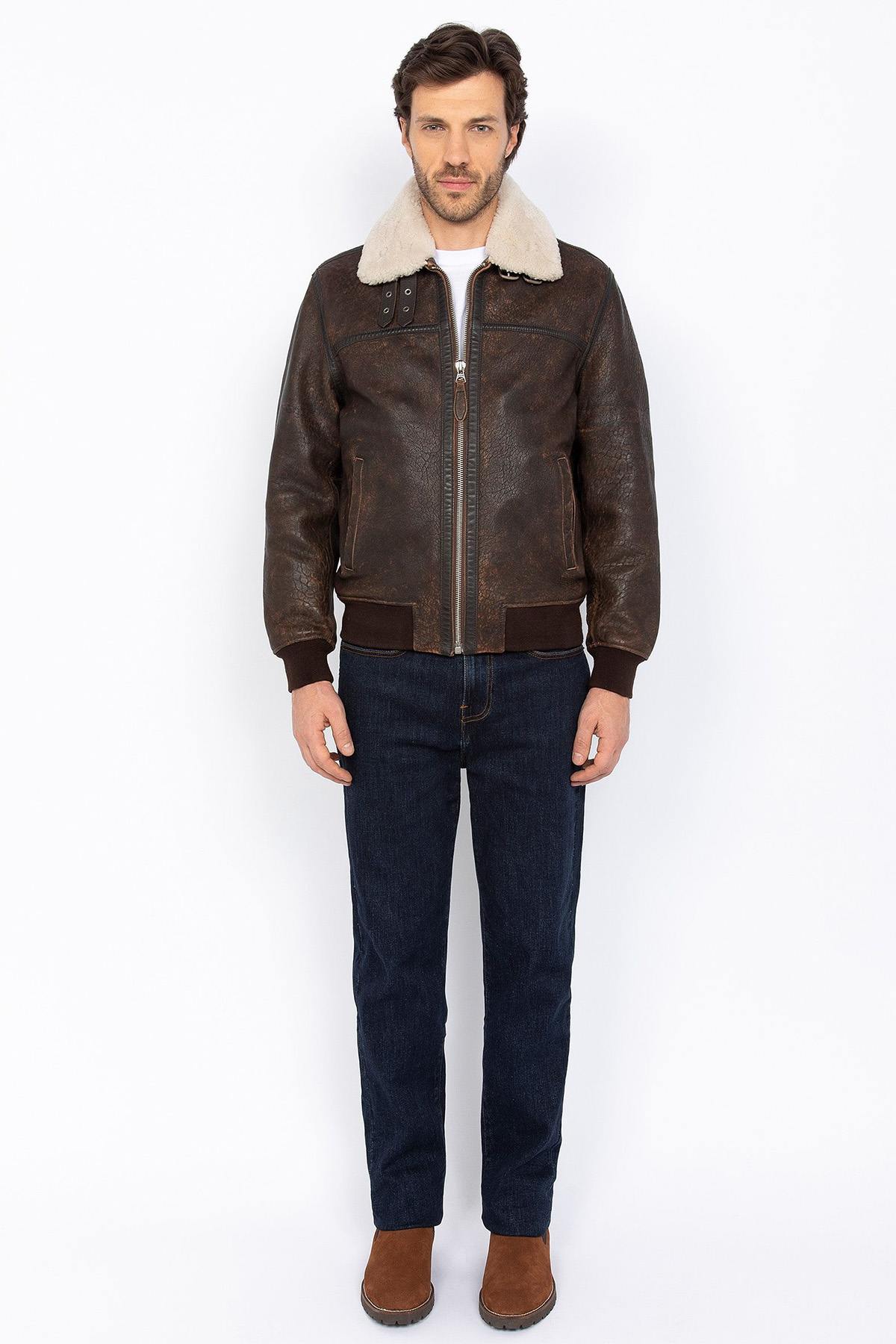 Distressed Leather Bomber Jacket - Image n°6