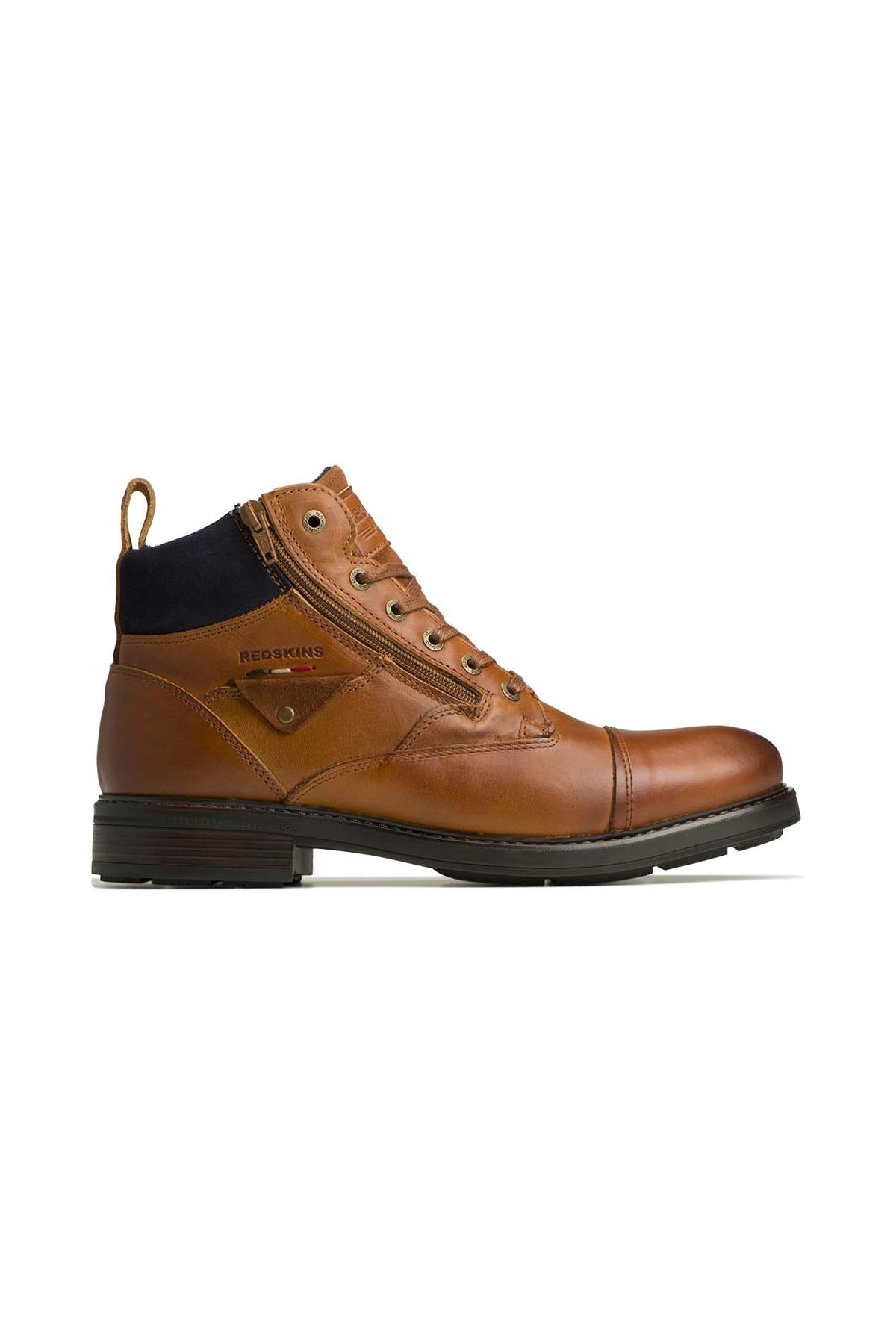 Cognac and navy colored leather boots - Image n°4