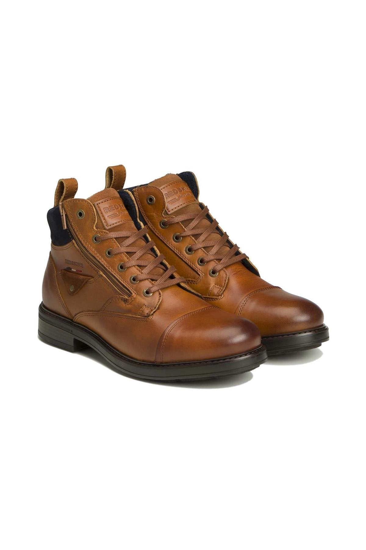 Cognac and navy colored leather boots - Image n°2