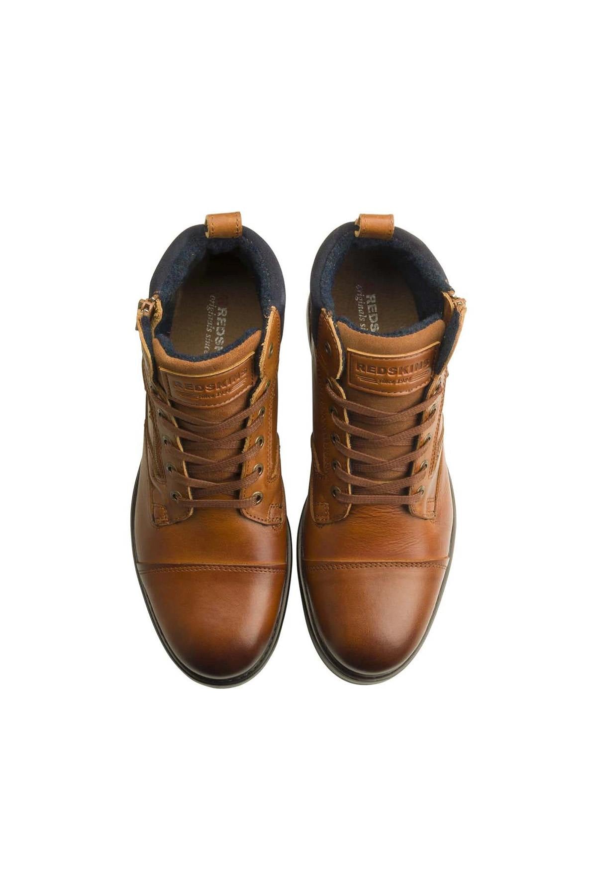 Cognac and navy colored leather boots - Image n°3