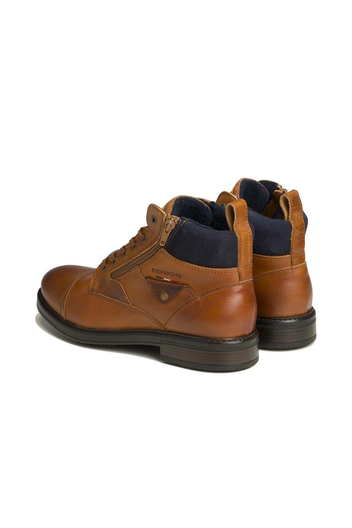 Cognac and navy colored leather boots - Image n°2