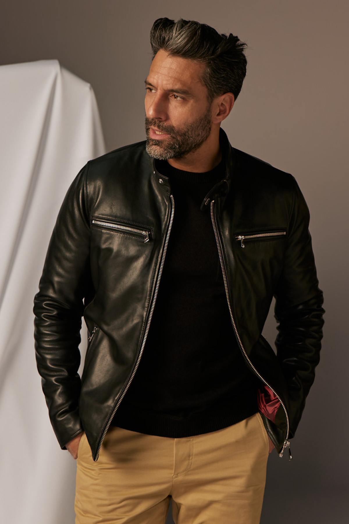 Black biker collar leather jacket with zipped pockets - Image n°1