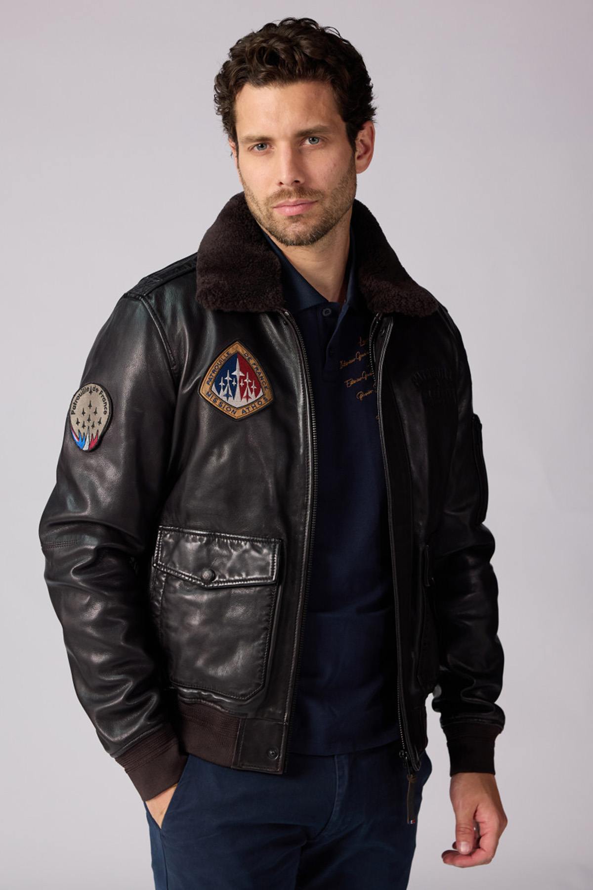 Leather bomber jacket with Patrouille de France patches - Image n°1