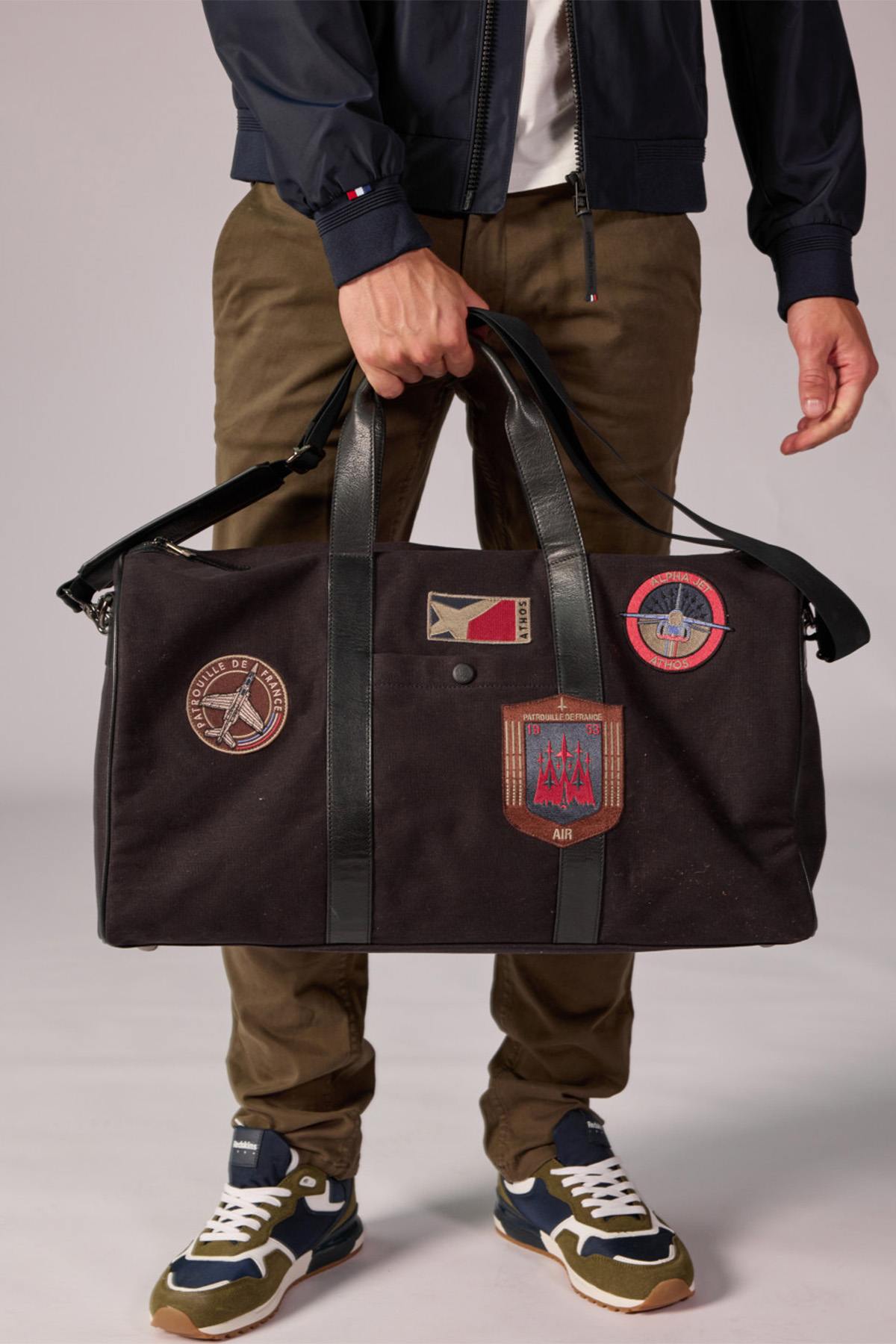 Cotton canvas and cowhide leather travel bag with patches - Image n°3