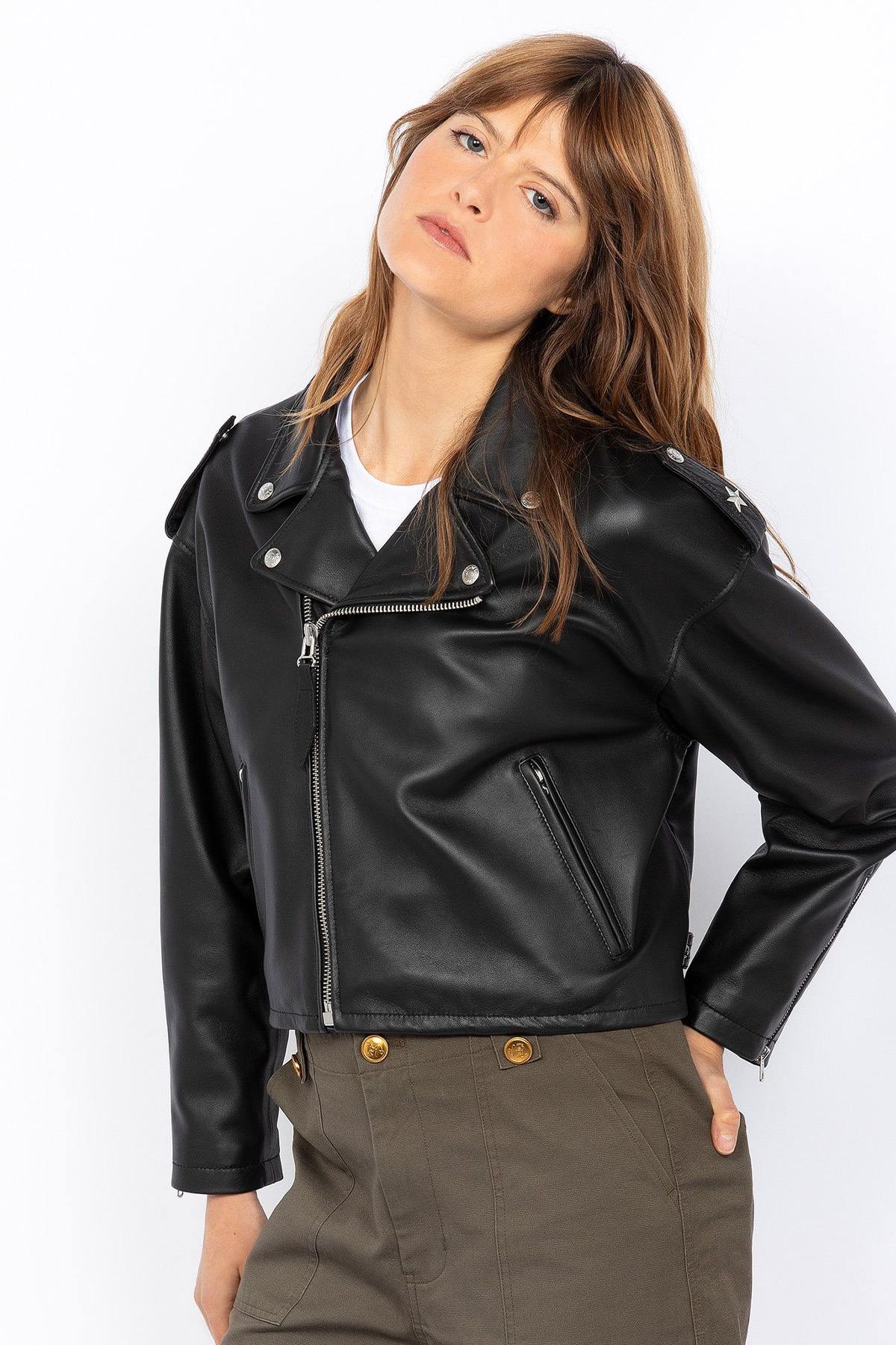 90s style black leather short perfecto - Image n°8