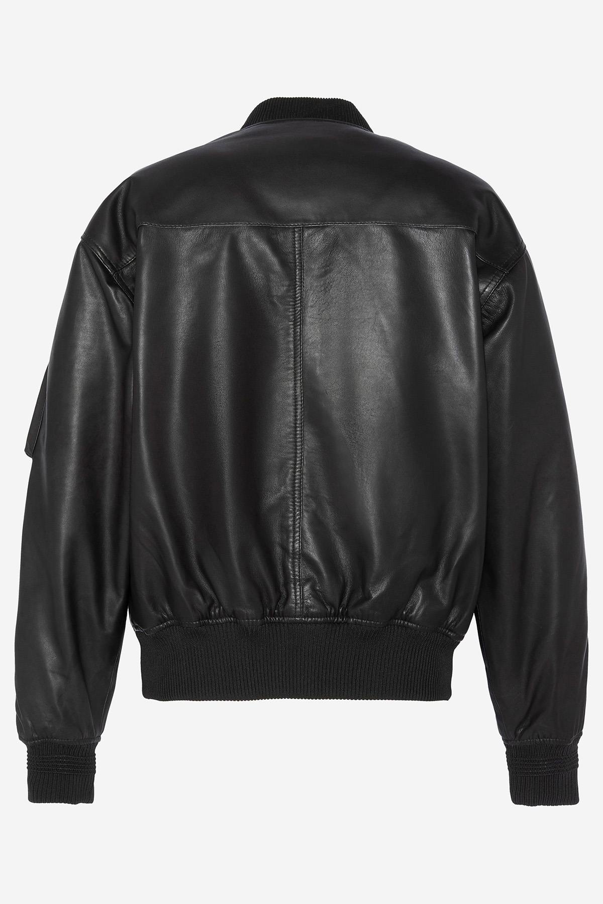 Loose fit black leather bomber jacket - Image n°5