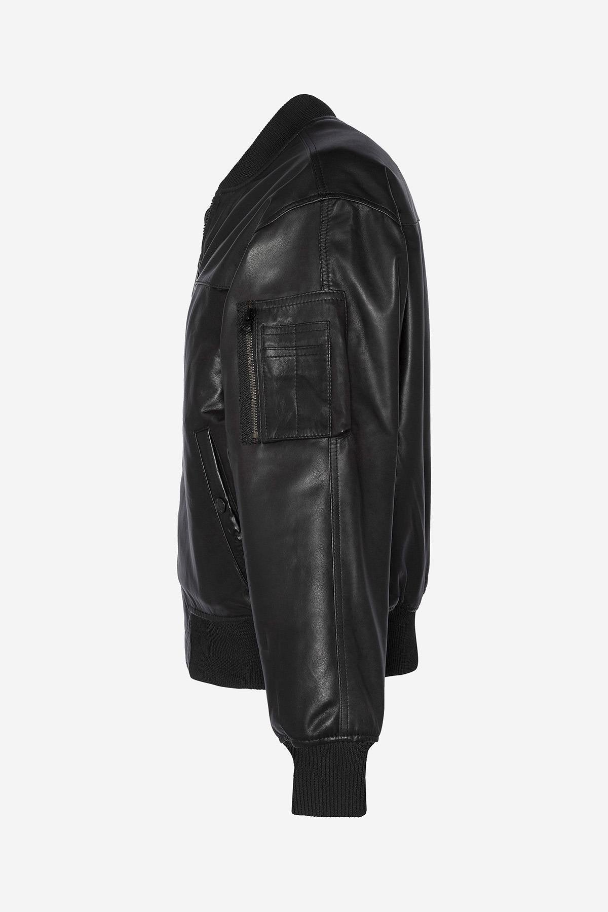 Loose fit black leather bomber jacket - Image n°6