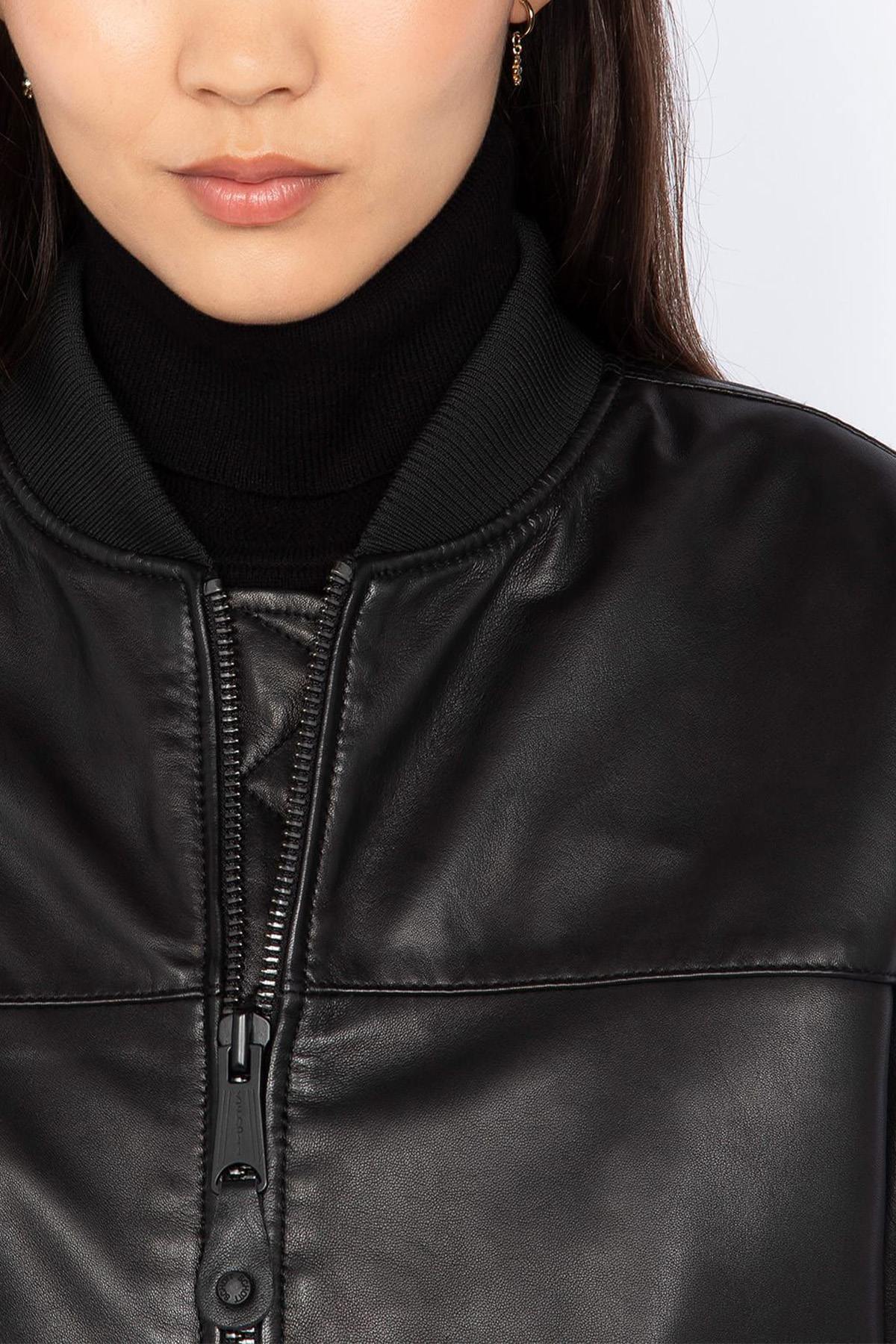 Loose fit black leather bomber jacket - Image n°3