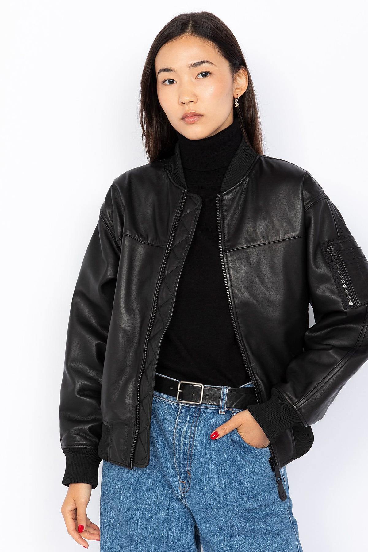 Loose fit black leather bomber jacket - Image n°1