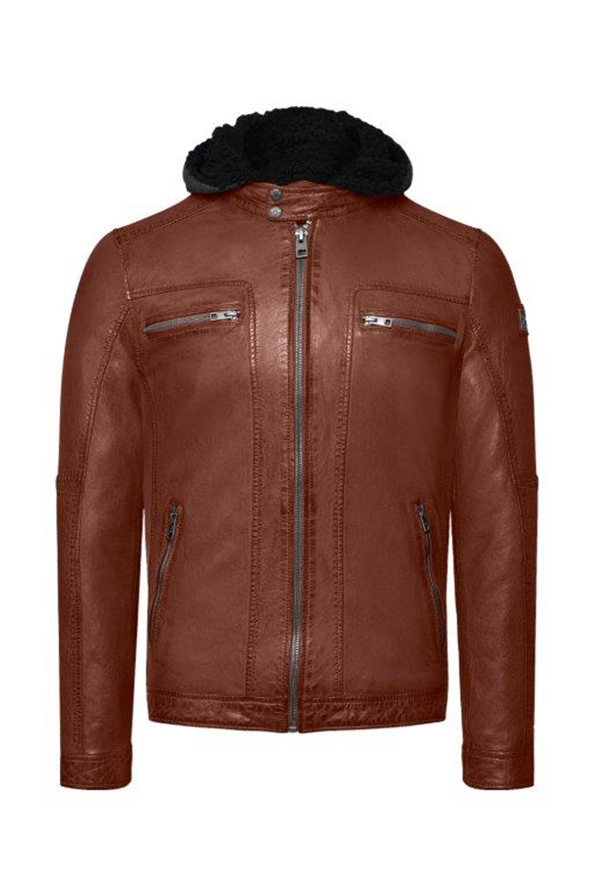 Port-colored leather jacket with removable hood - Image n°1