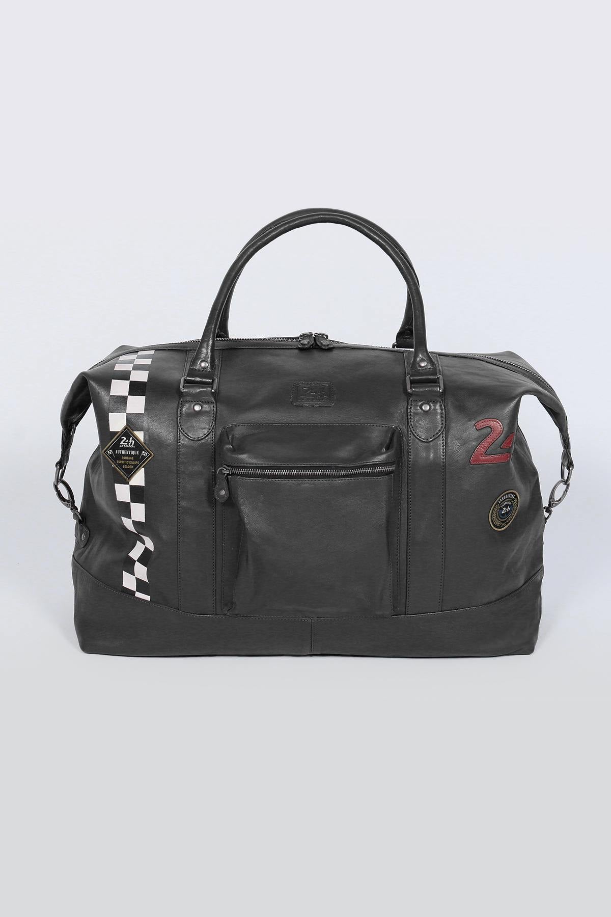 Large black leather travel bag with Racing stripe - Image n°1