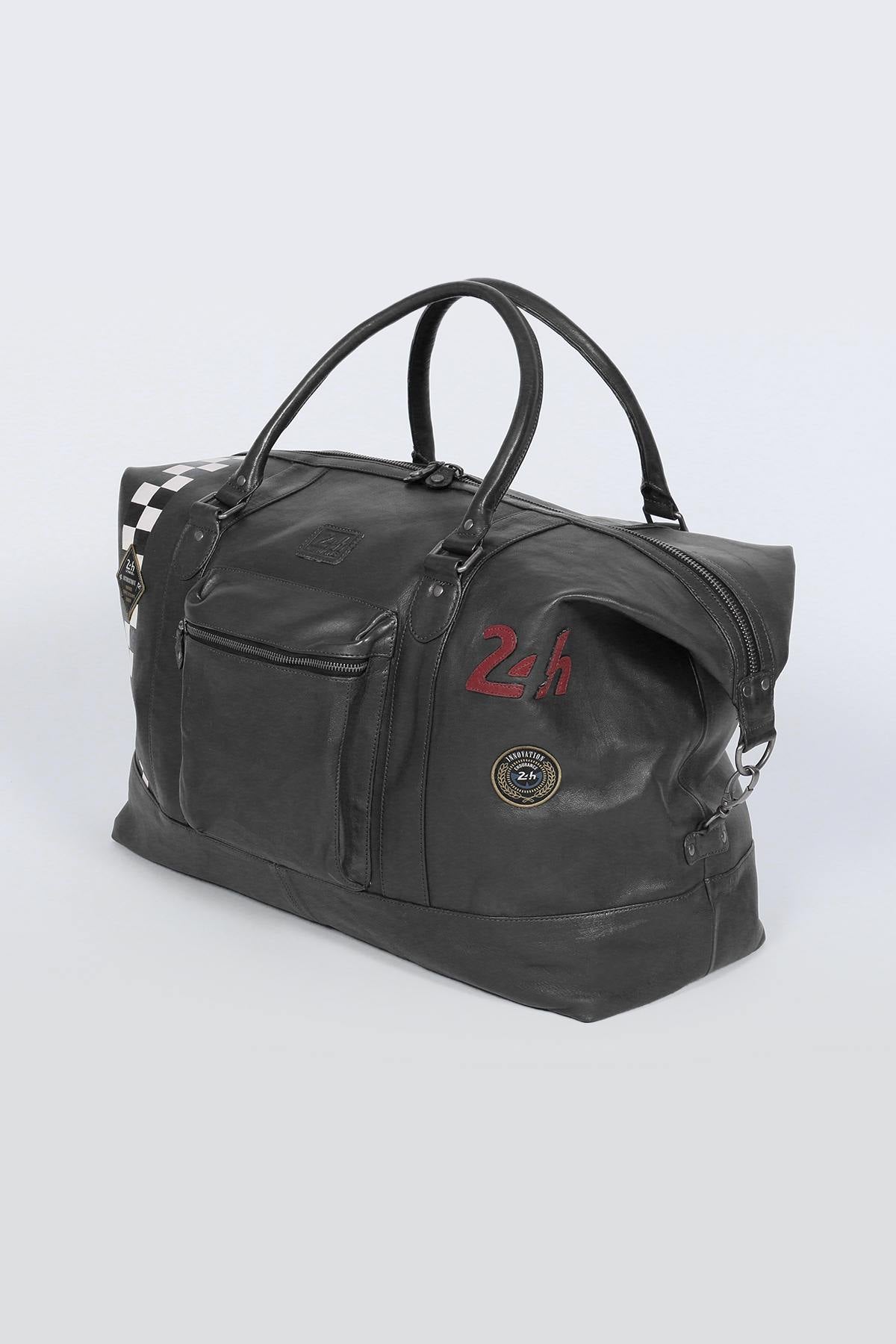 Large black leather travel bag with Racing stripe - Image n°7