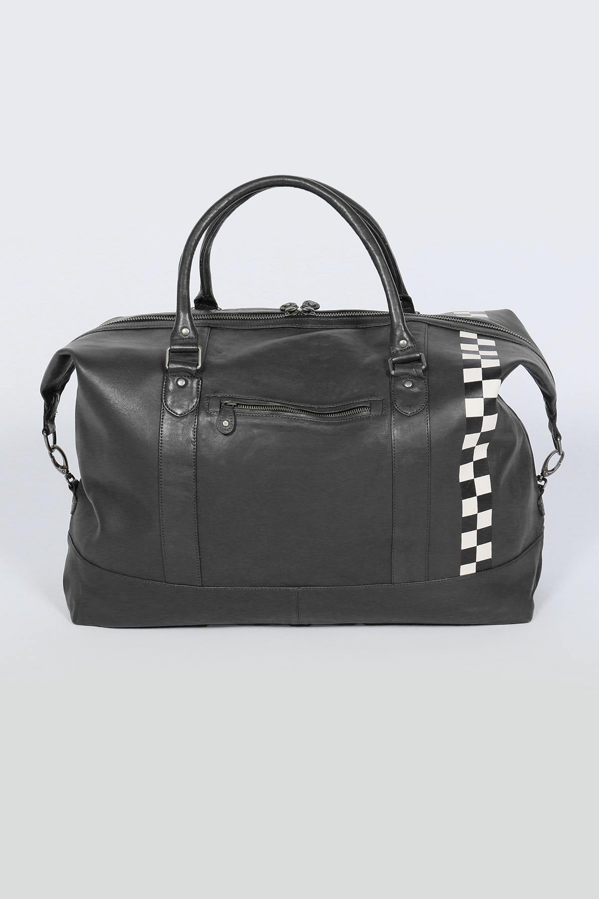 Large black leather travel bag with Racing stripe - Image n°2