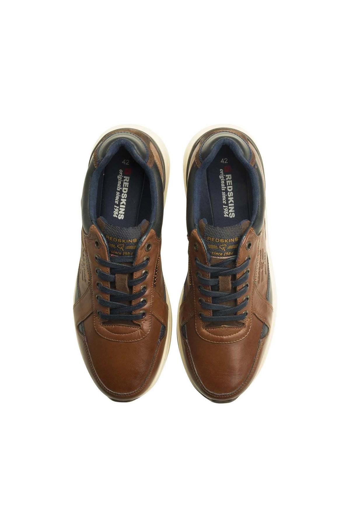 Brandy and navy leather sneakers with embossed logo - Image n°3