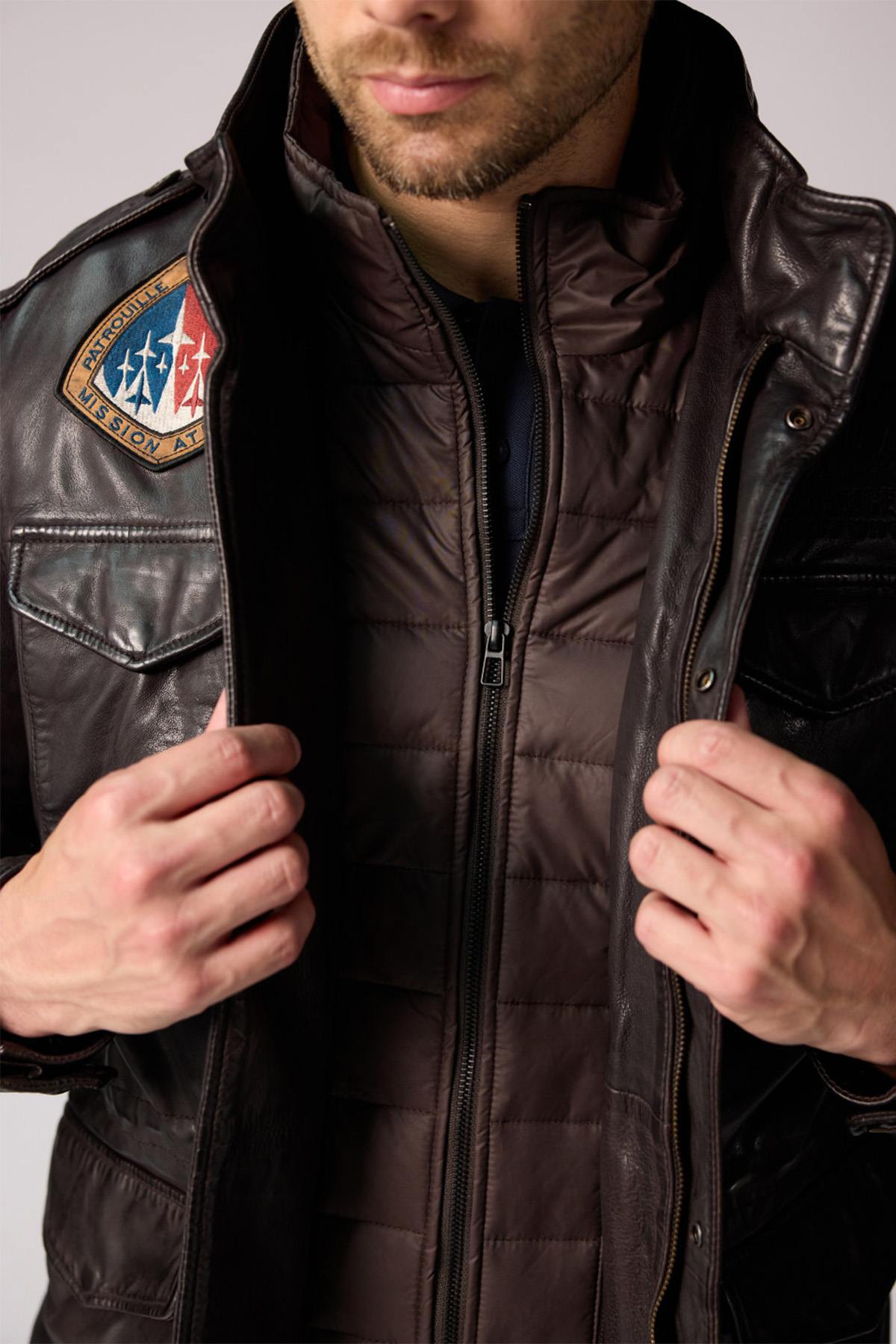 Mid-length dark brown leather jacket with stand-up collar - Image n°2