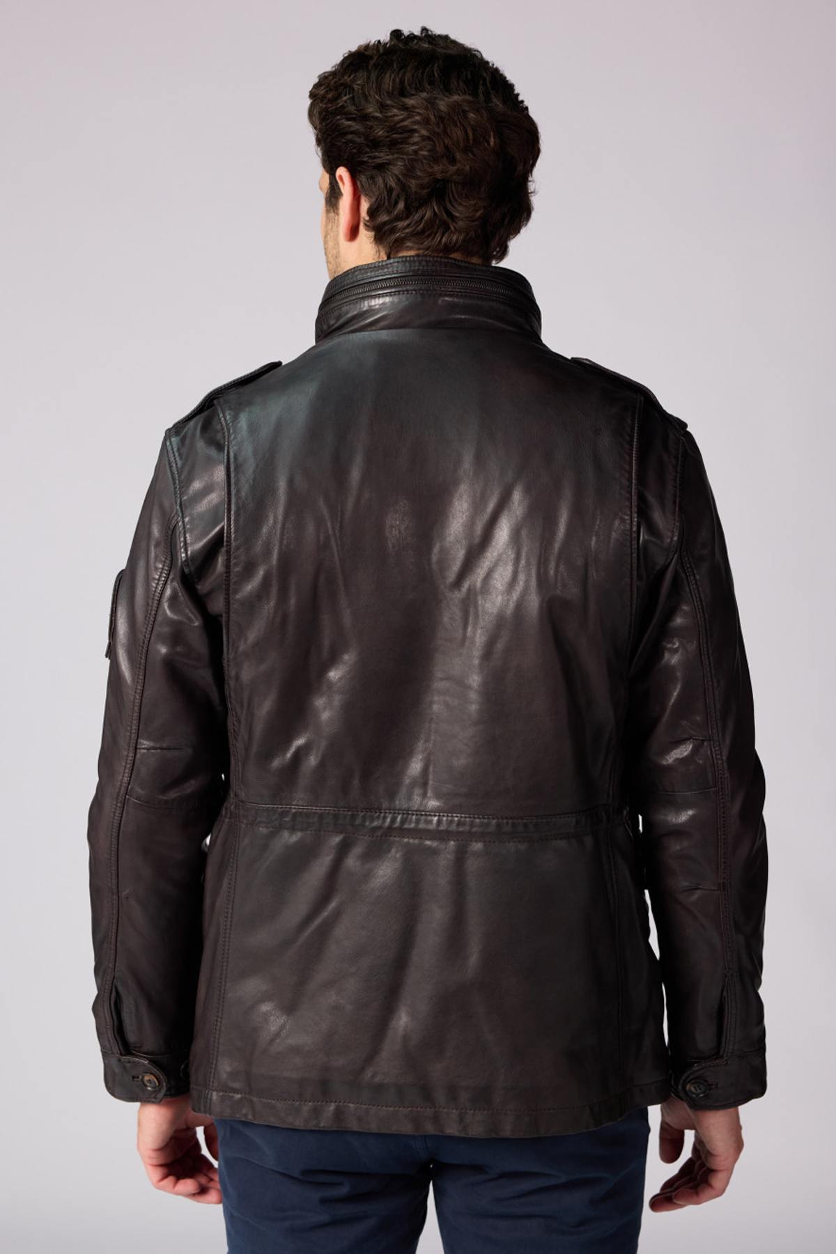 Mid-length dark brown leather jacket with stand-up collar - Image n°3