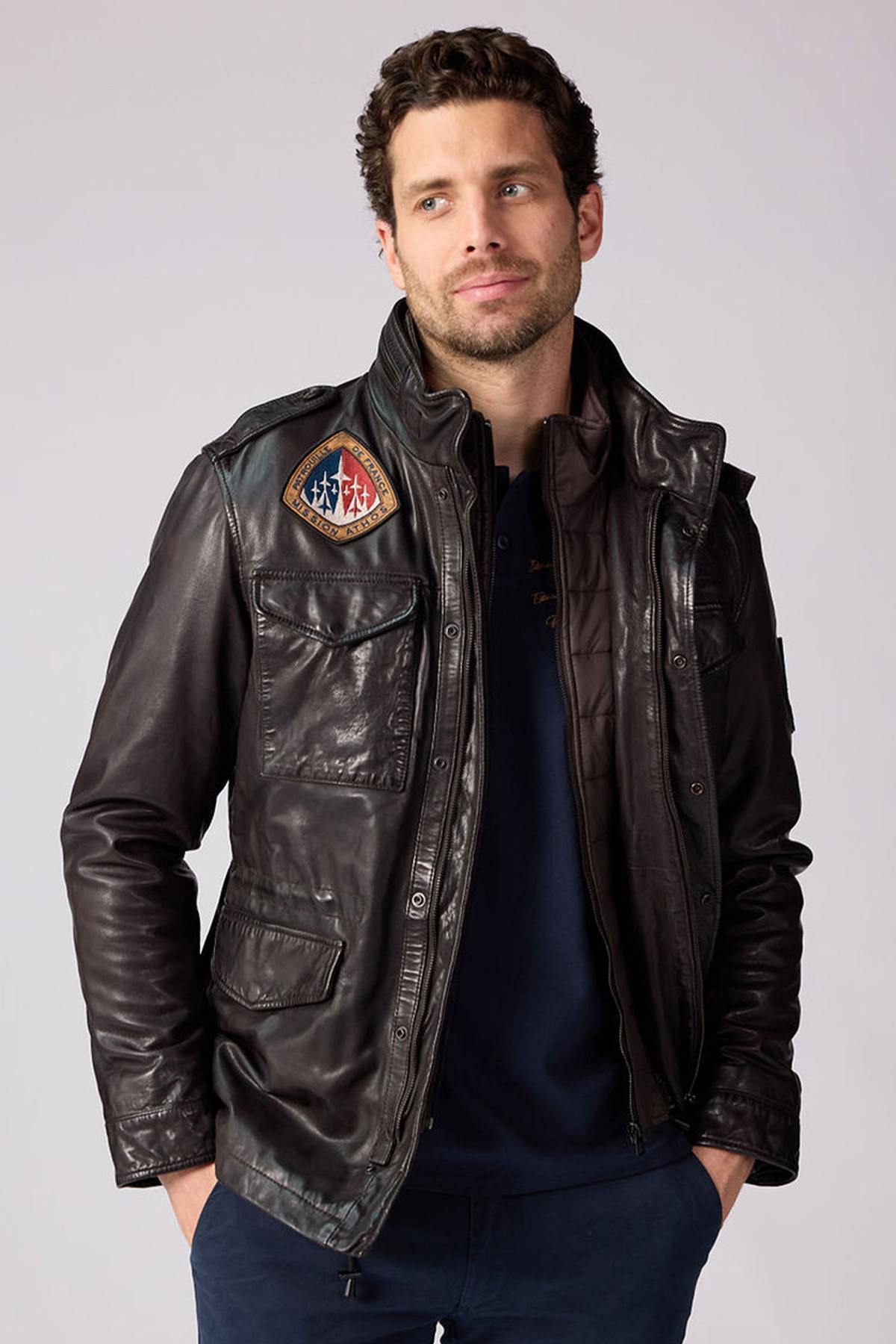 Mid-length dark brown leather jacket with stand-up collar - Image n°1