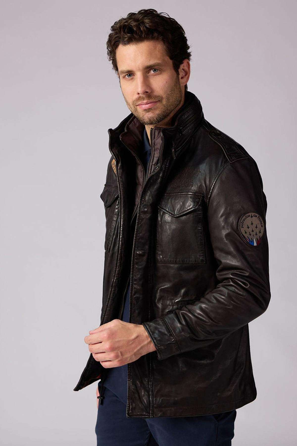 Mid-length dark brown leather jacket with stand-up collar - Image n°7