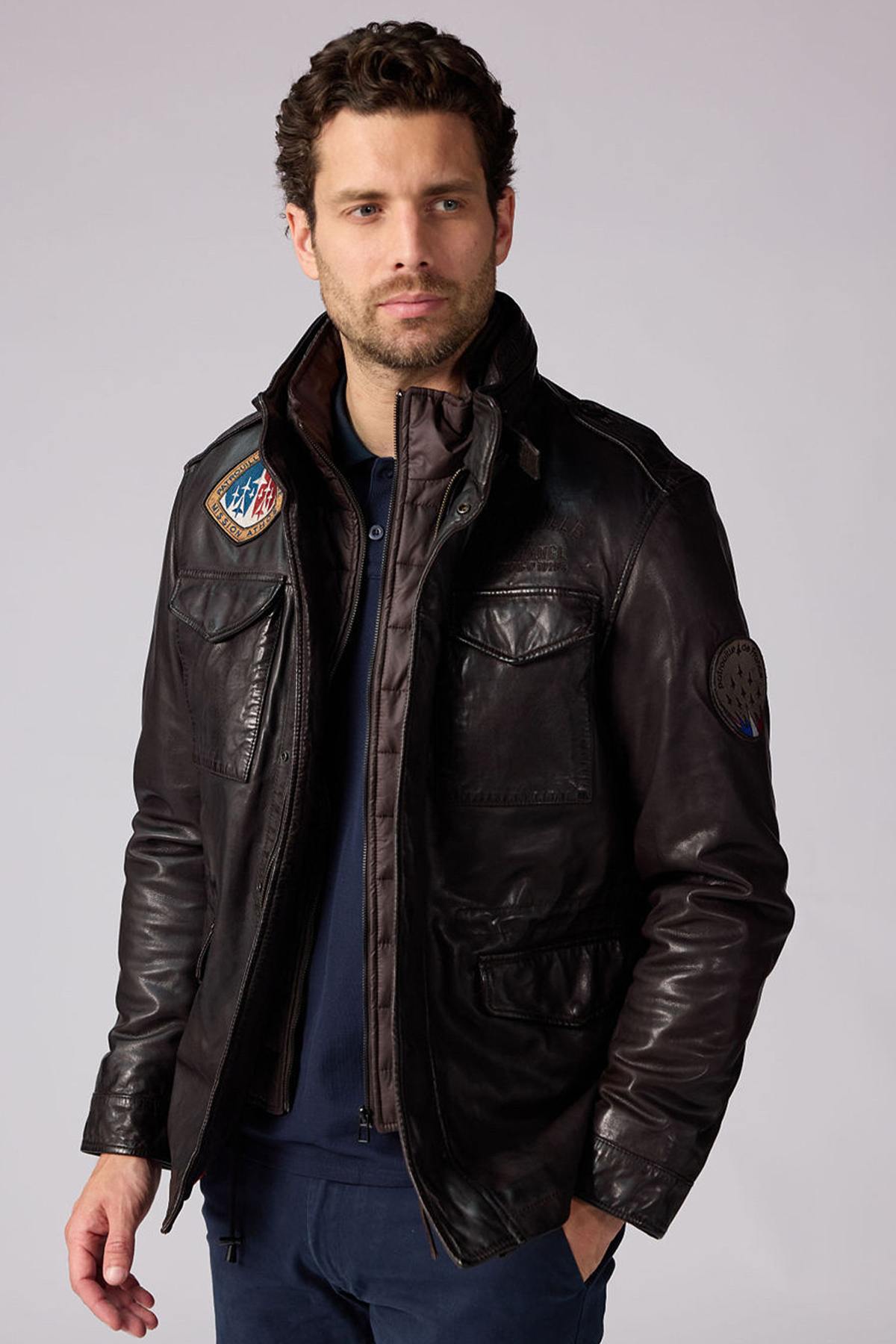 Mid-length dark brown leather jacket with stand-up collar - Image n°8