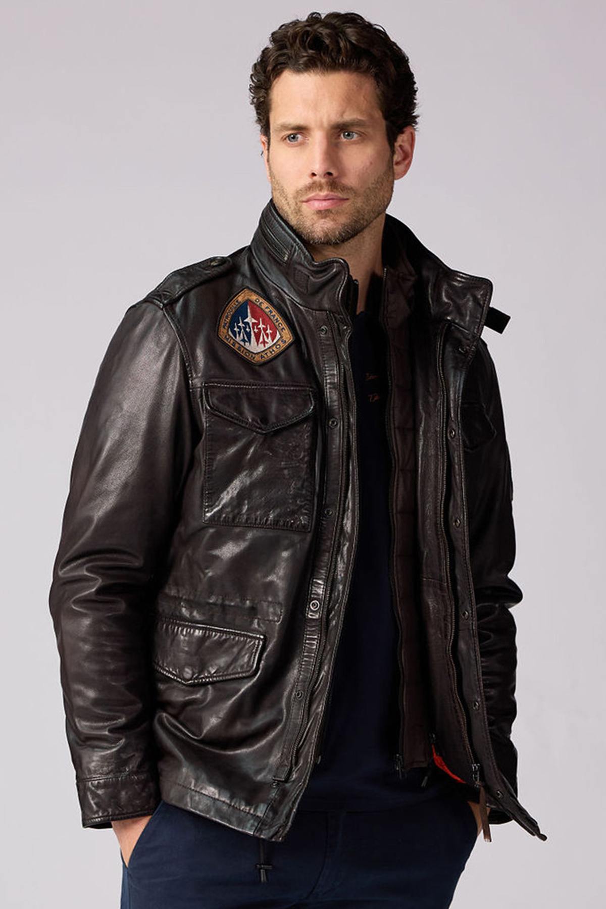 Mid-length dark brown leather jacket with stand-up collar - Image n°5