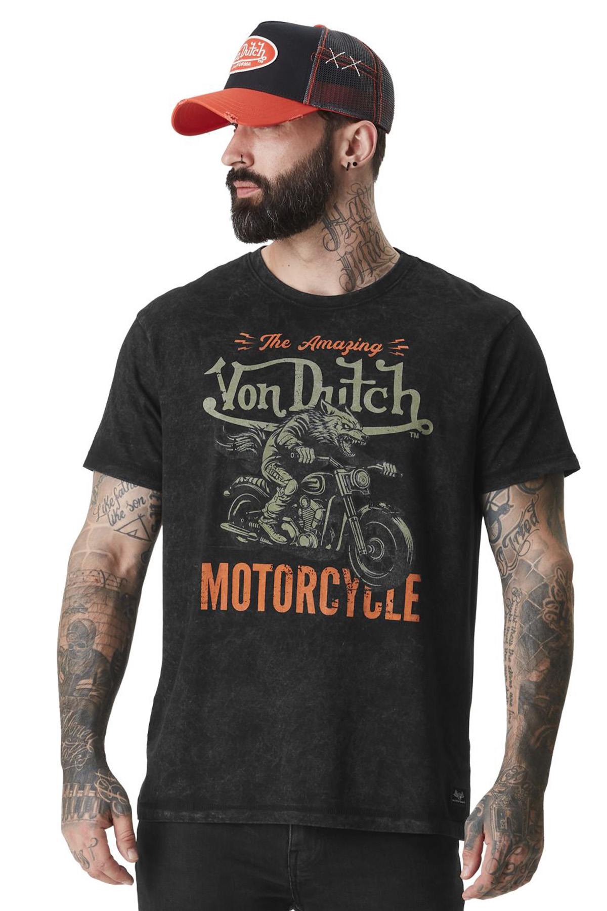 Washed cotton t-shirt with biker wolf print - Image n°1