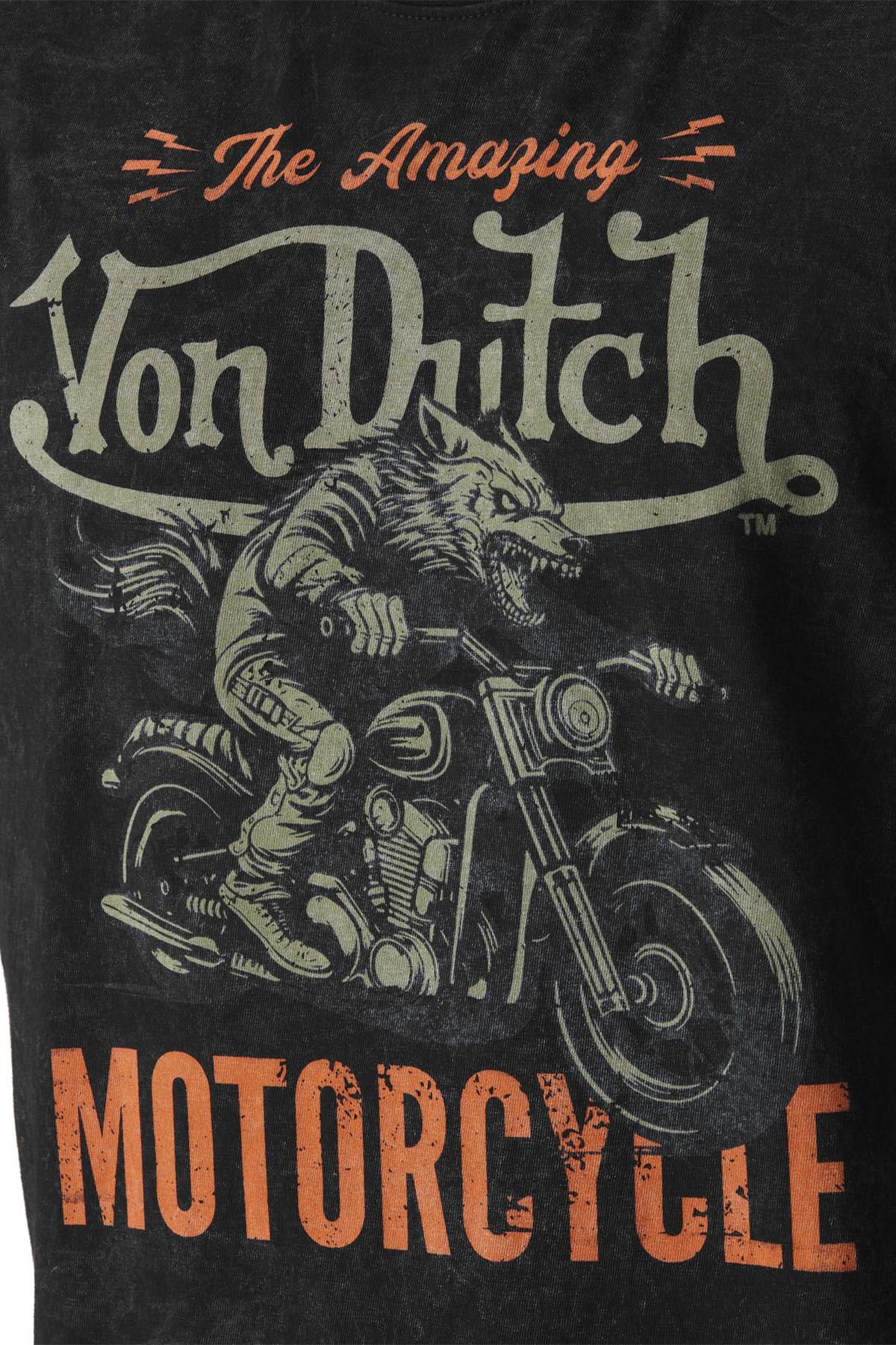 Washed cotton t-shirt with biker wolf print - Image n°2