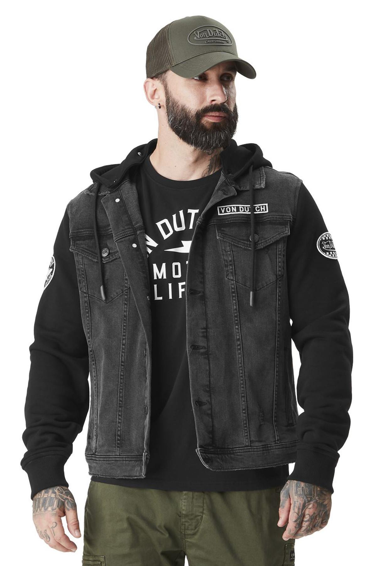 Biker denim jacket with fleece sleeves and hood - Image n°1