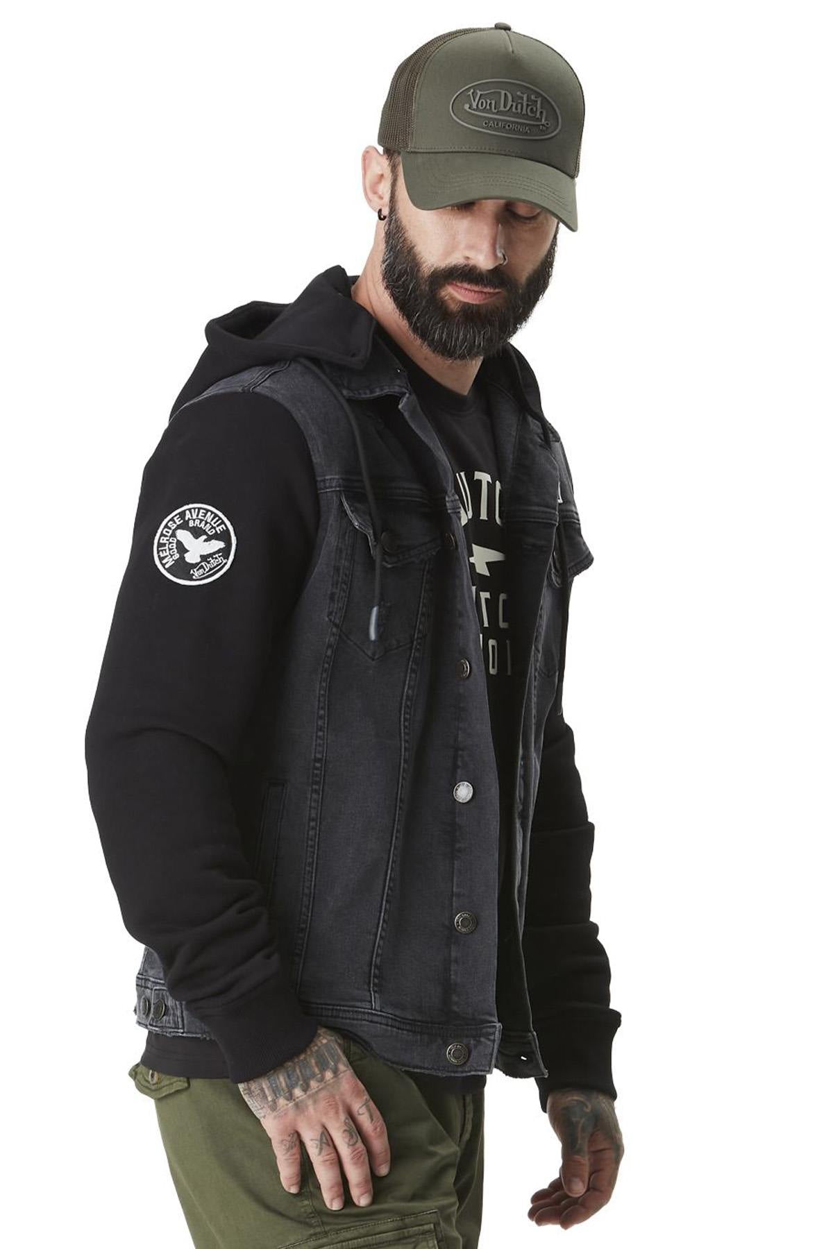 Biker denim jacket with fleece sleeves and hood - Image n°7