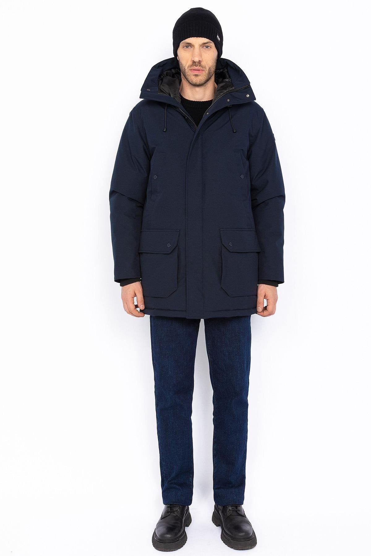 Navy blue hooded textile parka - Image n°3