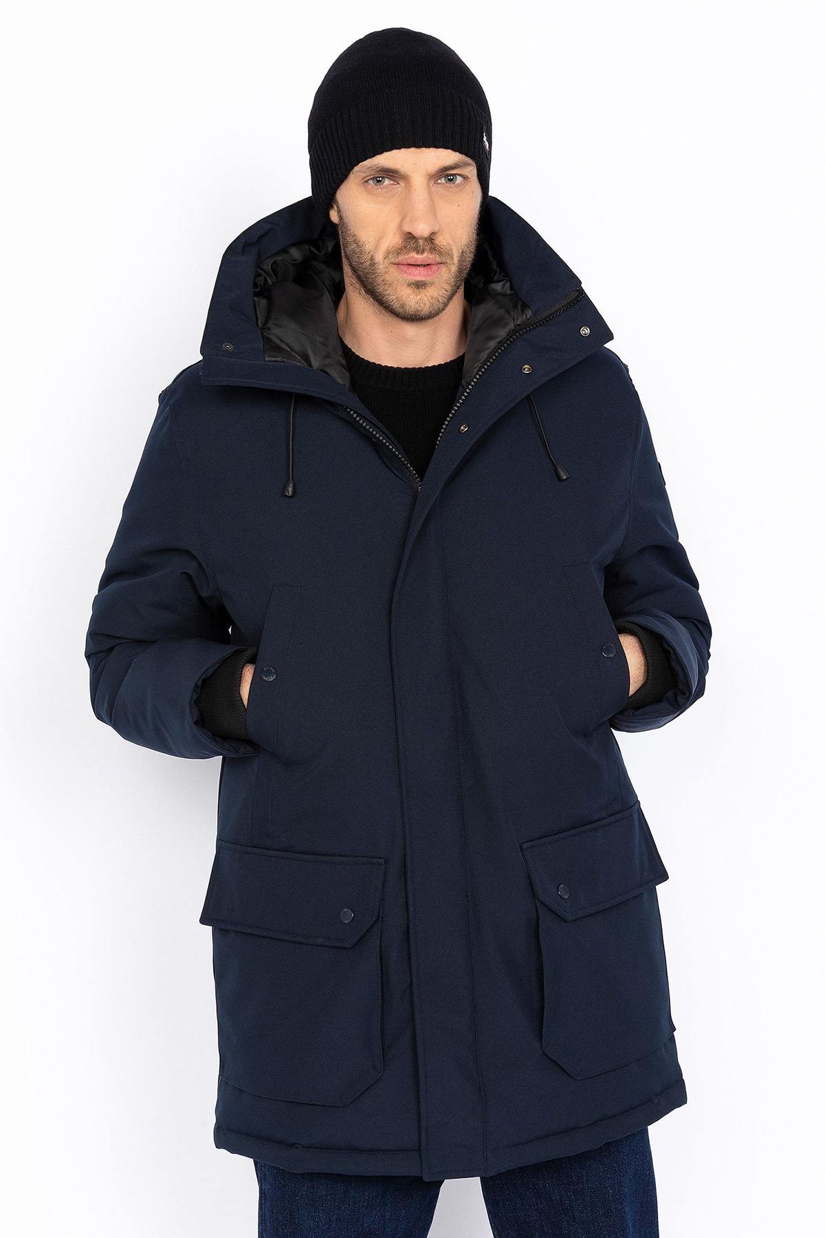 Navy blue hooded textile parka - Image n°1