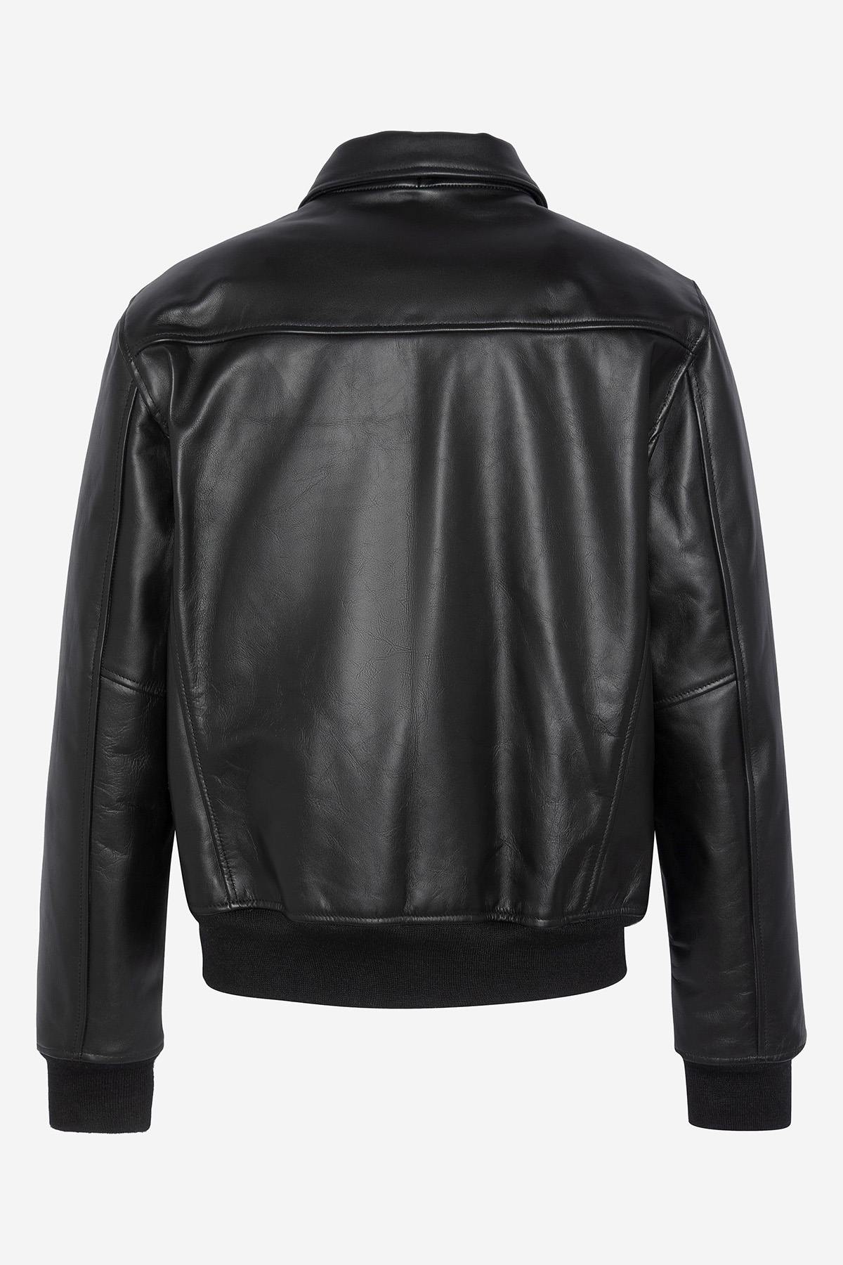 Black leather jacket with shirt collar and ribbed edges - Image n°6