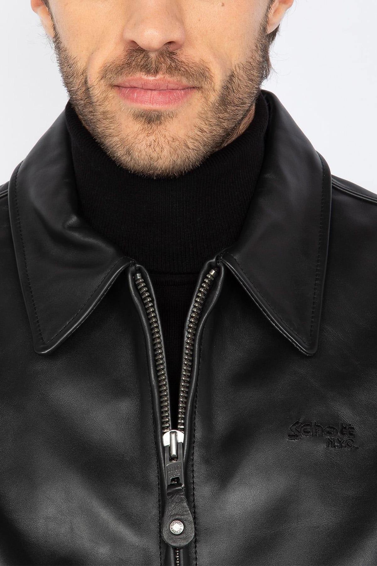 Black leather jacket with shirt collar and ribbed edges - Image n°4