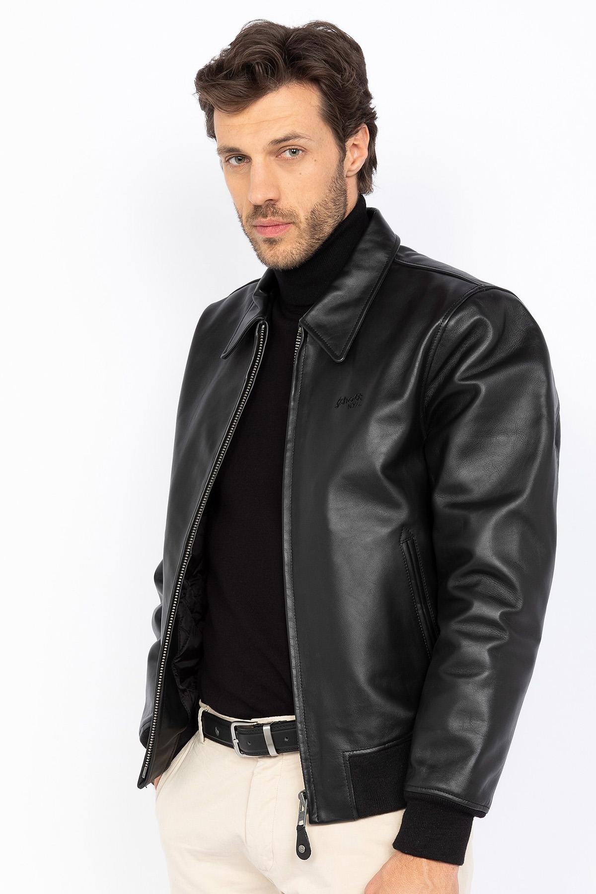 Black leather jacket with shirt collar and ribbed edges - Image n°2