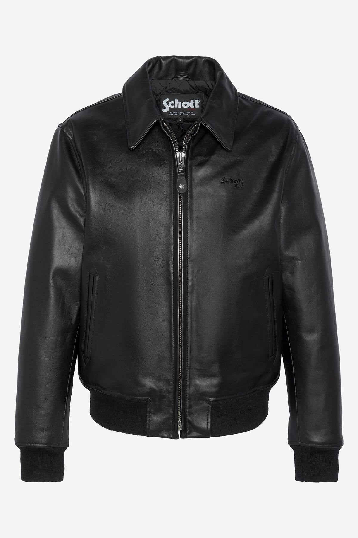 Black leather jacket with shirt collar and ribbed edges - Image n°5