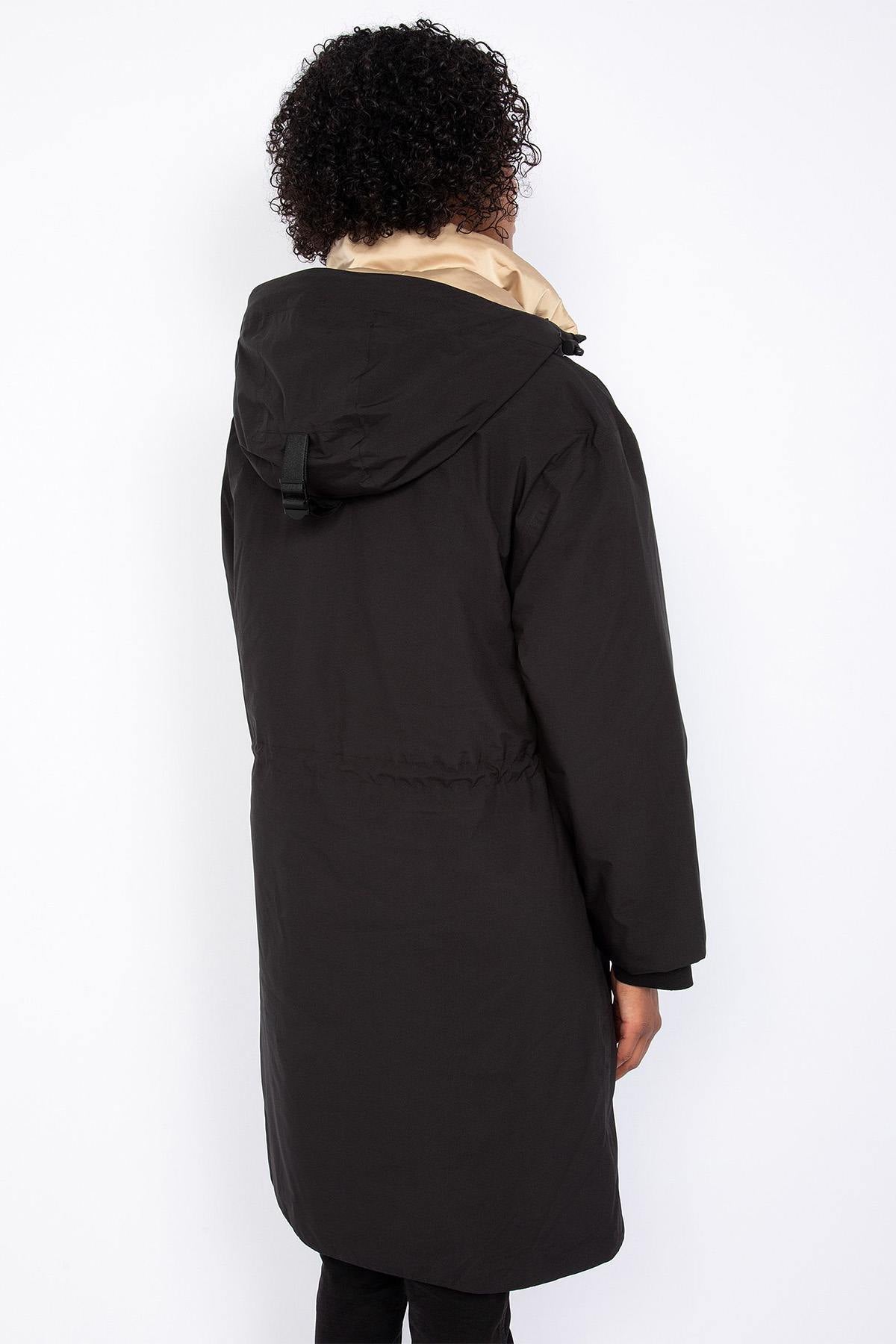 Black long hooded parka with drawstring waist - Image n°3