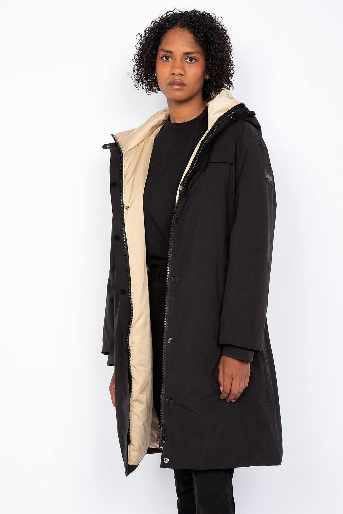 Black long hooded parka with drawstring waist - Image n°2