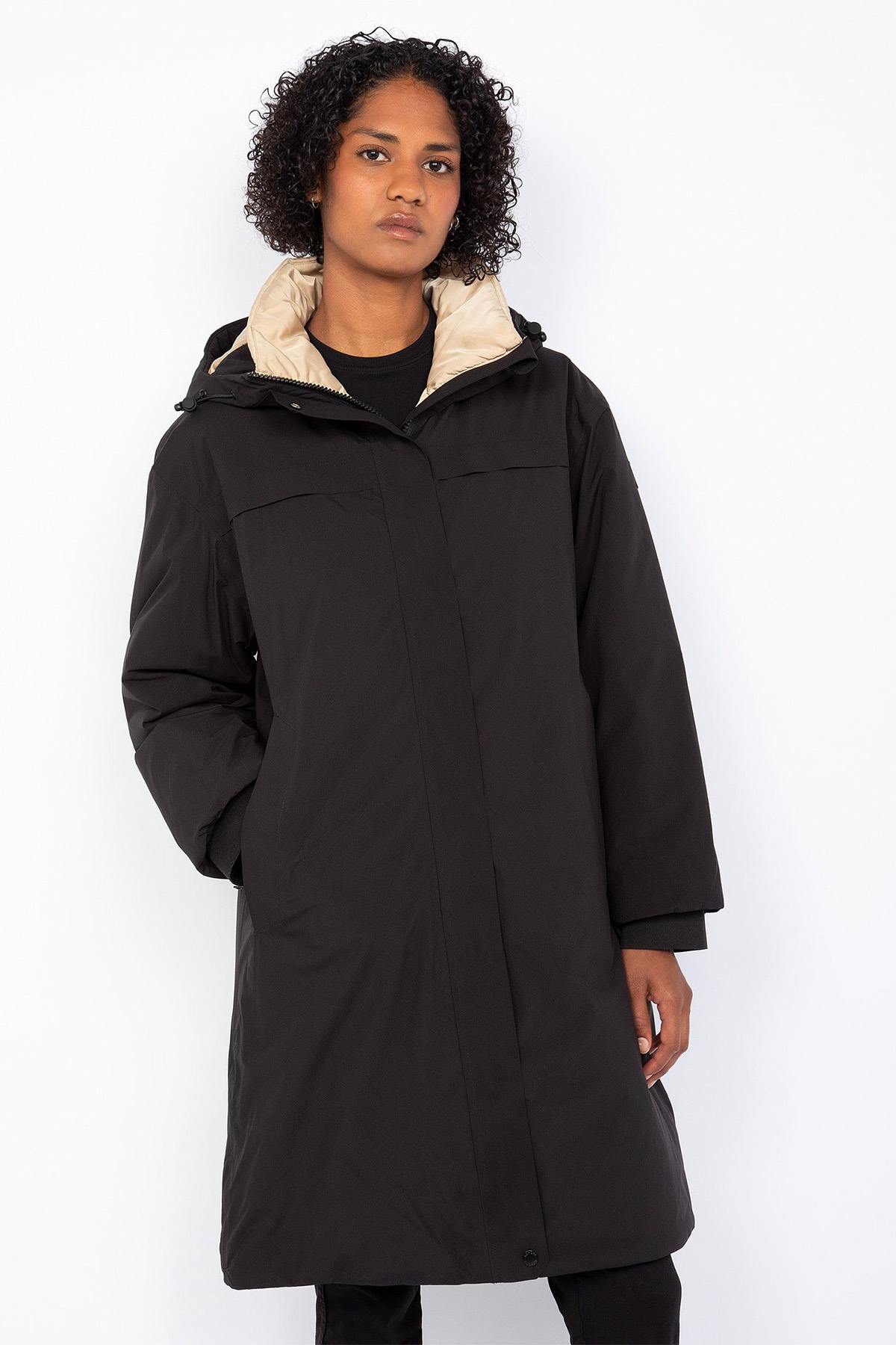 Black long hooded parka with drawstring waist - Image n°1