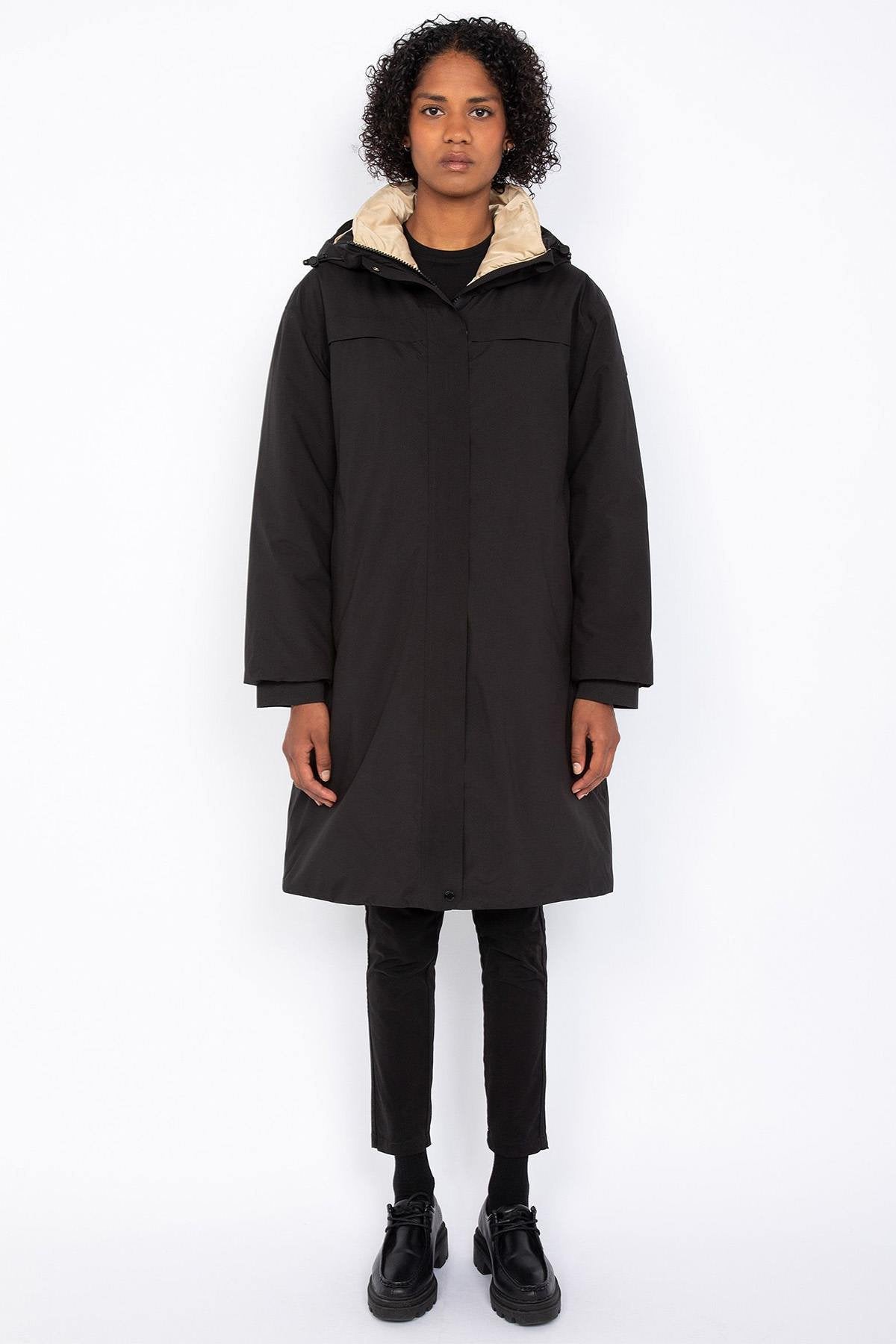 Black long hooded parka with drawstring waist - Image n°8