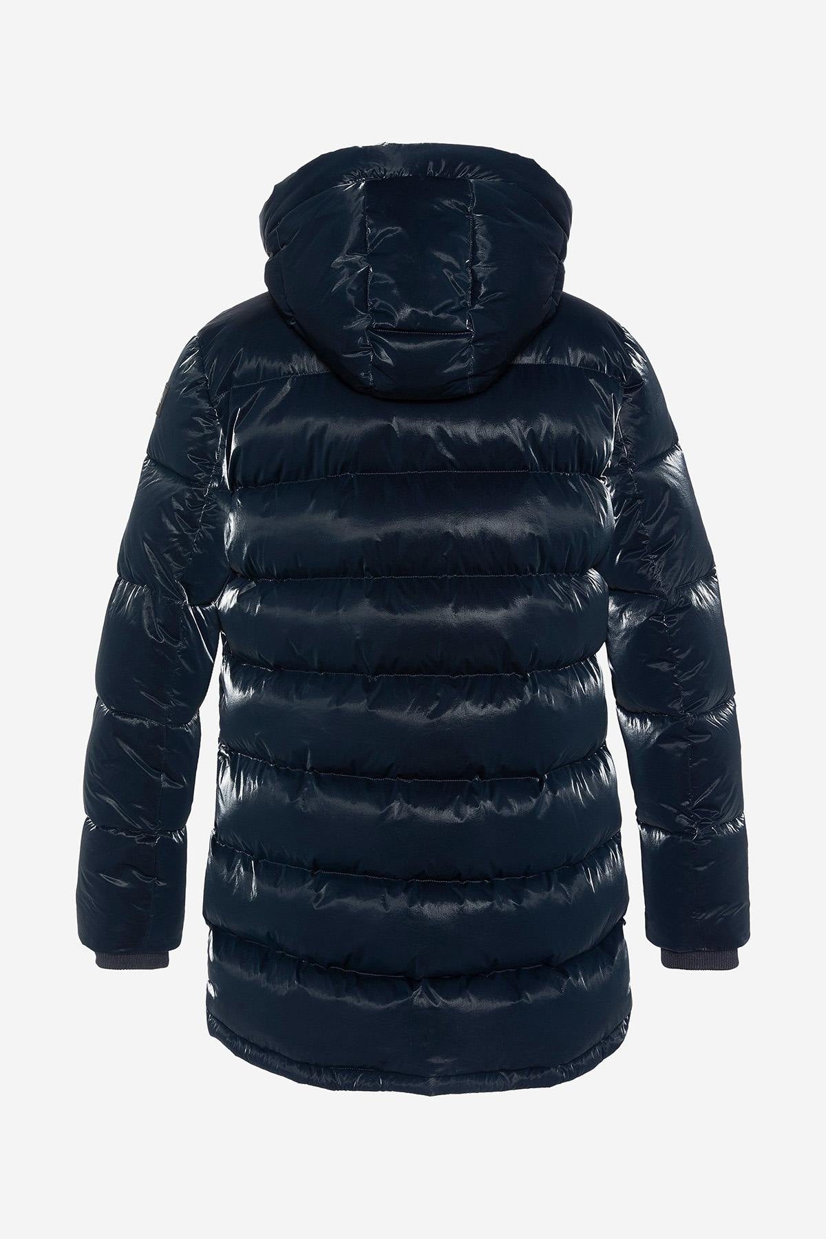 Long navy blue hooded down jacket with satin effect - Image n°8