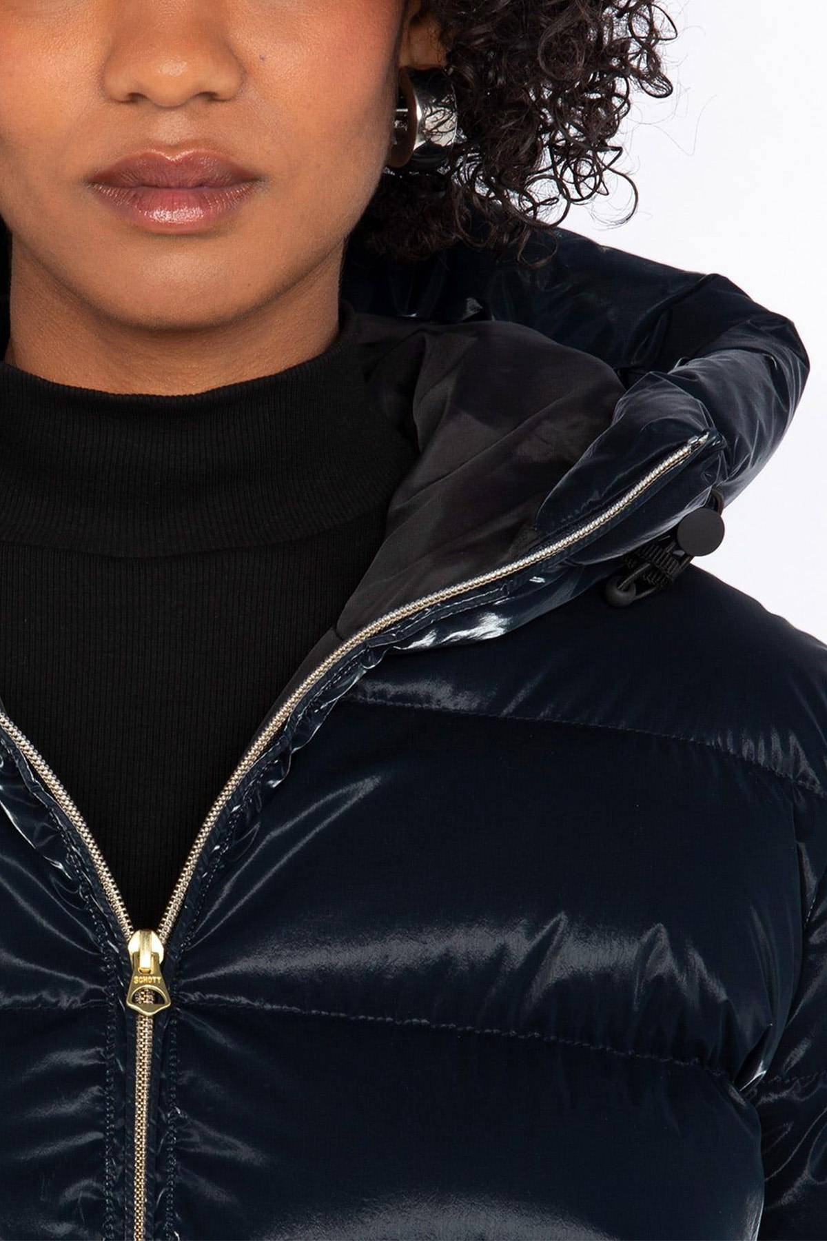 Long navy blue hooded down jacket with satin effect - Image n°3