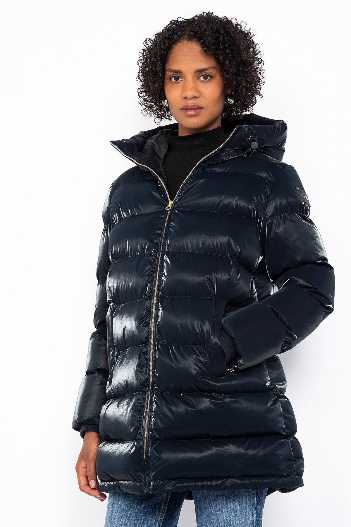 Long navy blue hooded down jacket with satin effect - Image n°4