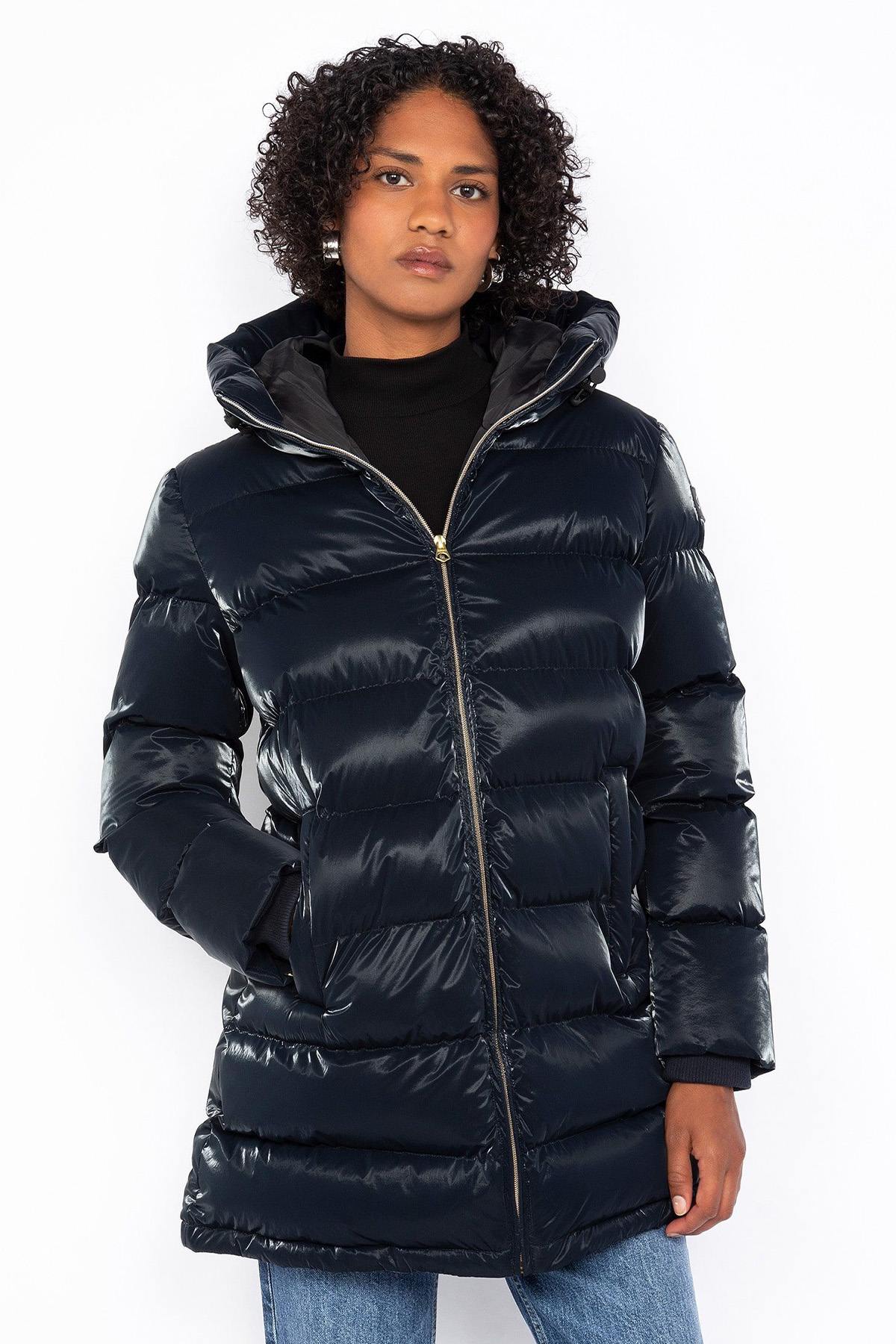 Long navy blue hooded down jacket with satin effect - Image n°1