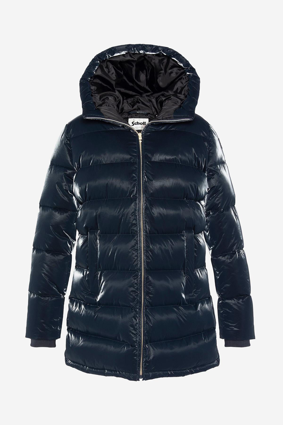 Long navy blue hooded down jacket with satin effect - Image n°6