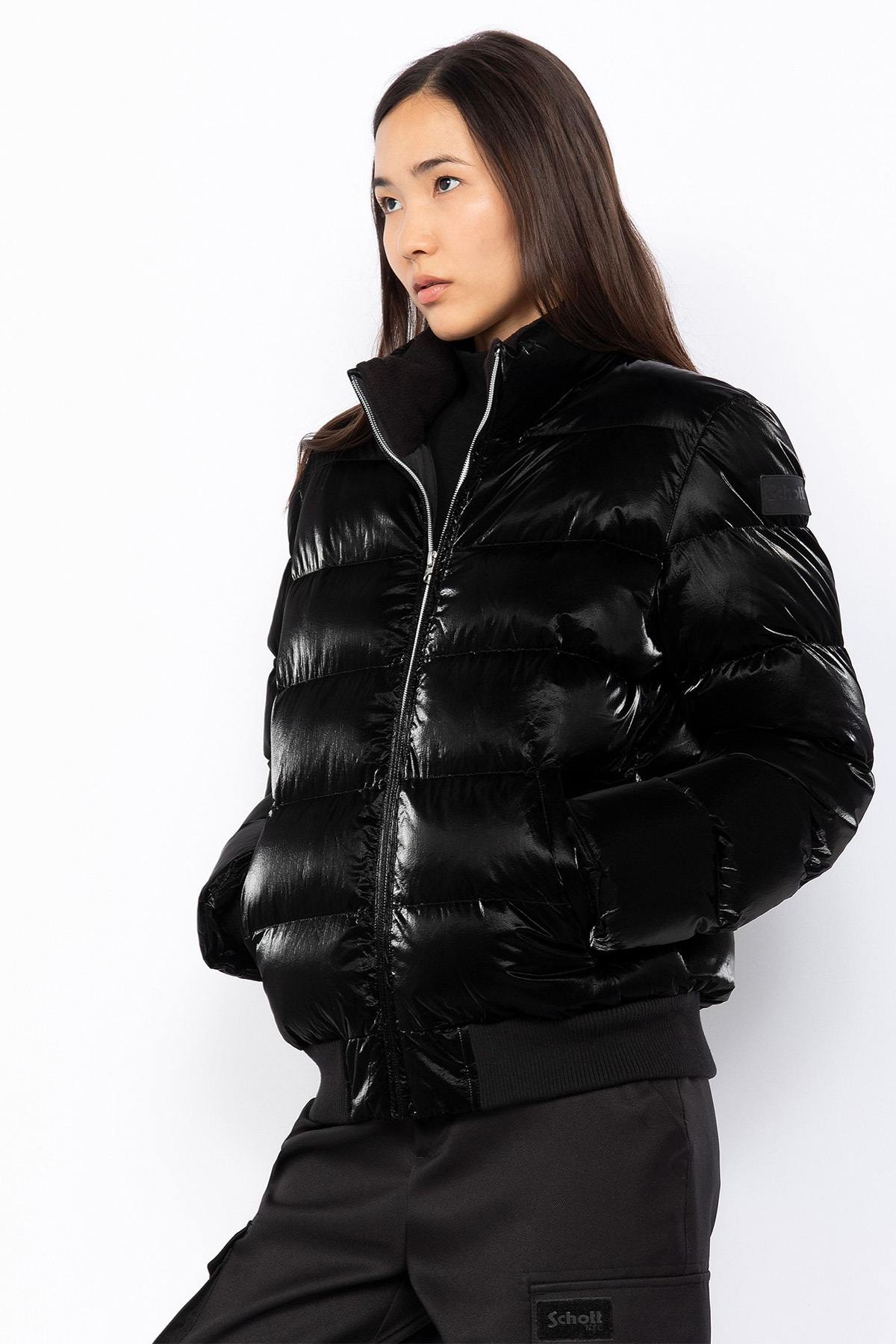 Black satin effect hooded down jacket - Image n°2