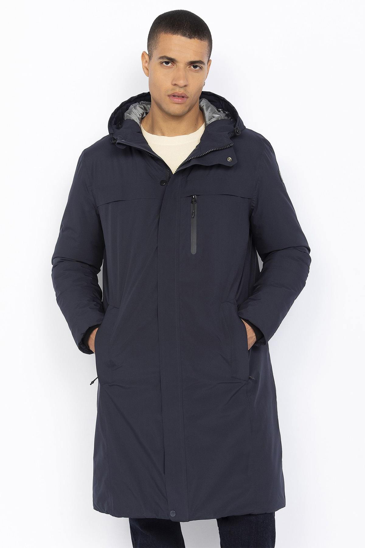 Navy blue outdoor jacket with hood - Image n°1