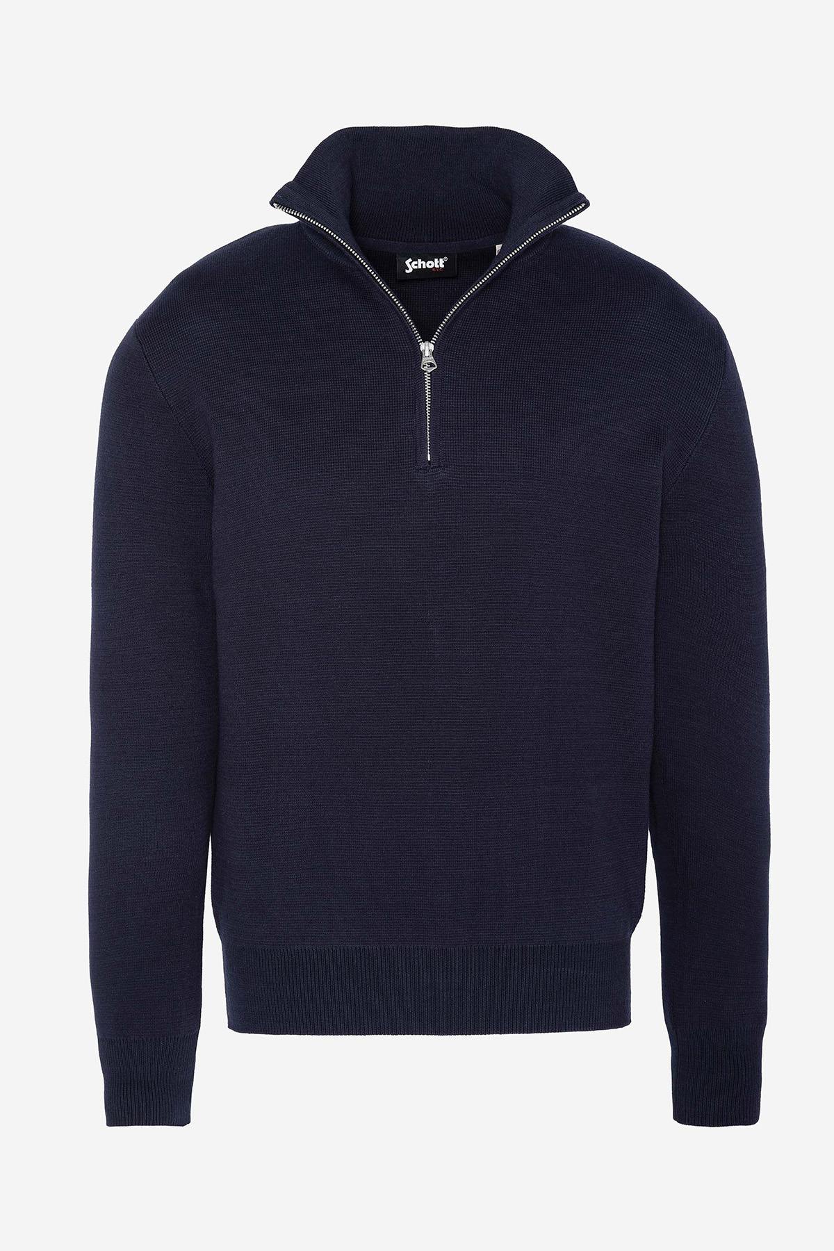 Navy Blue Cotton Zip Neck Sweater - Image n°1