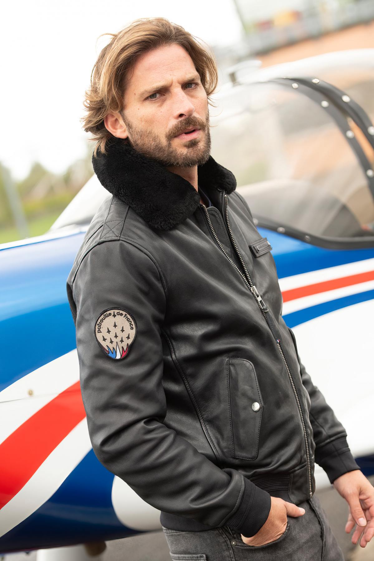 Men's navy blue 70 years patrol de France bomber jacket - Image n°1