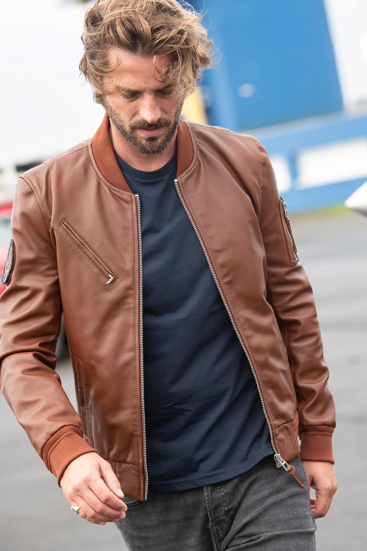 Patrouille de France cognac leather bomber jacket - Image n°2