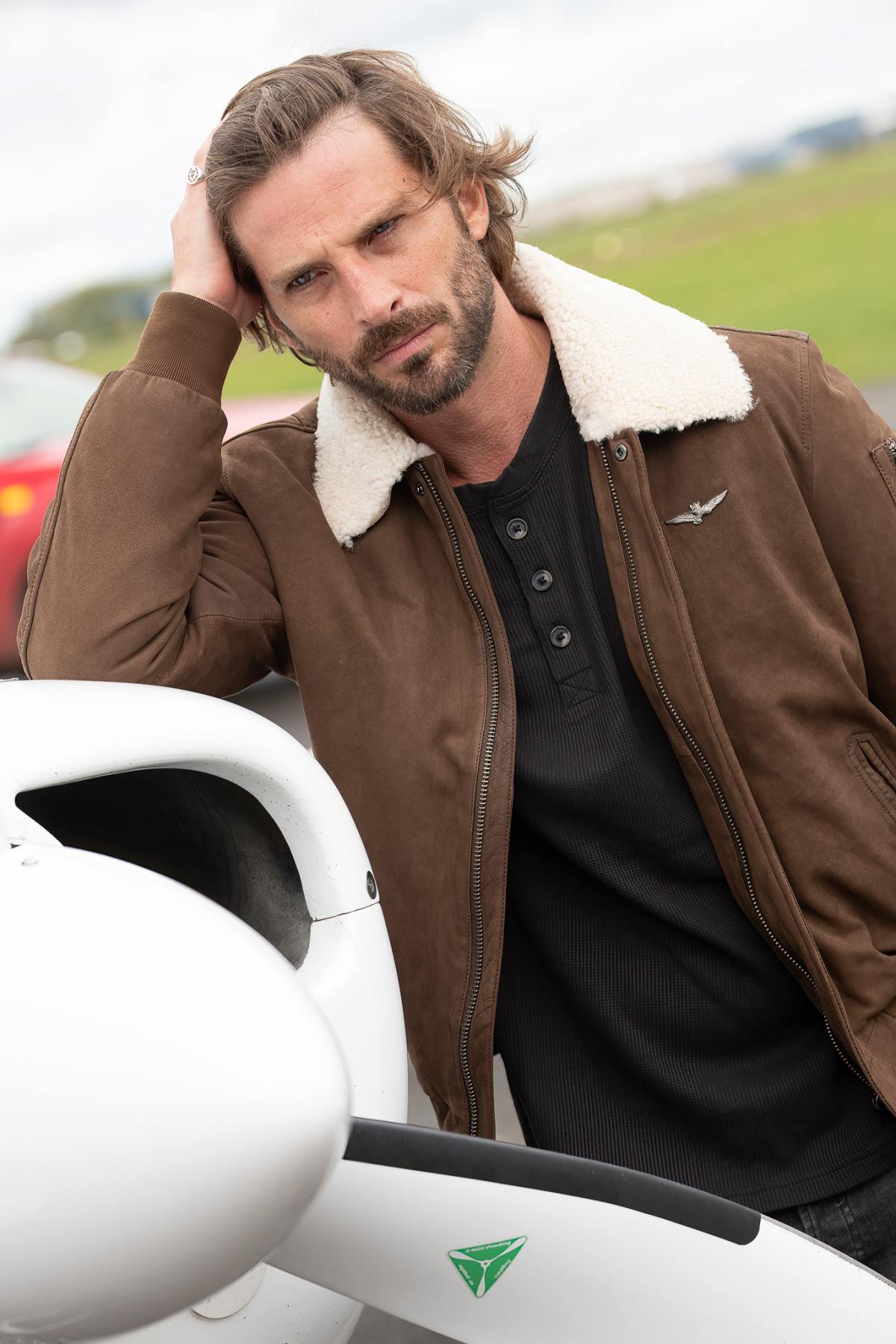 Chocolate Suede Leather Bomber Jacket - Image n°1