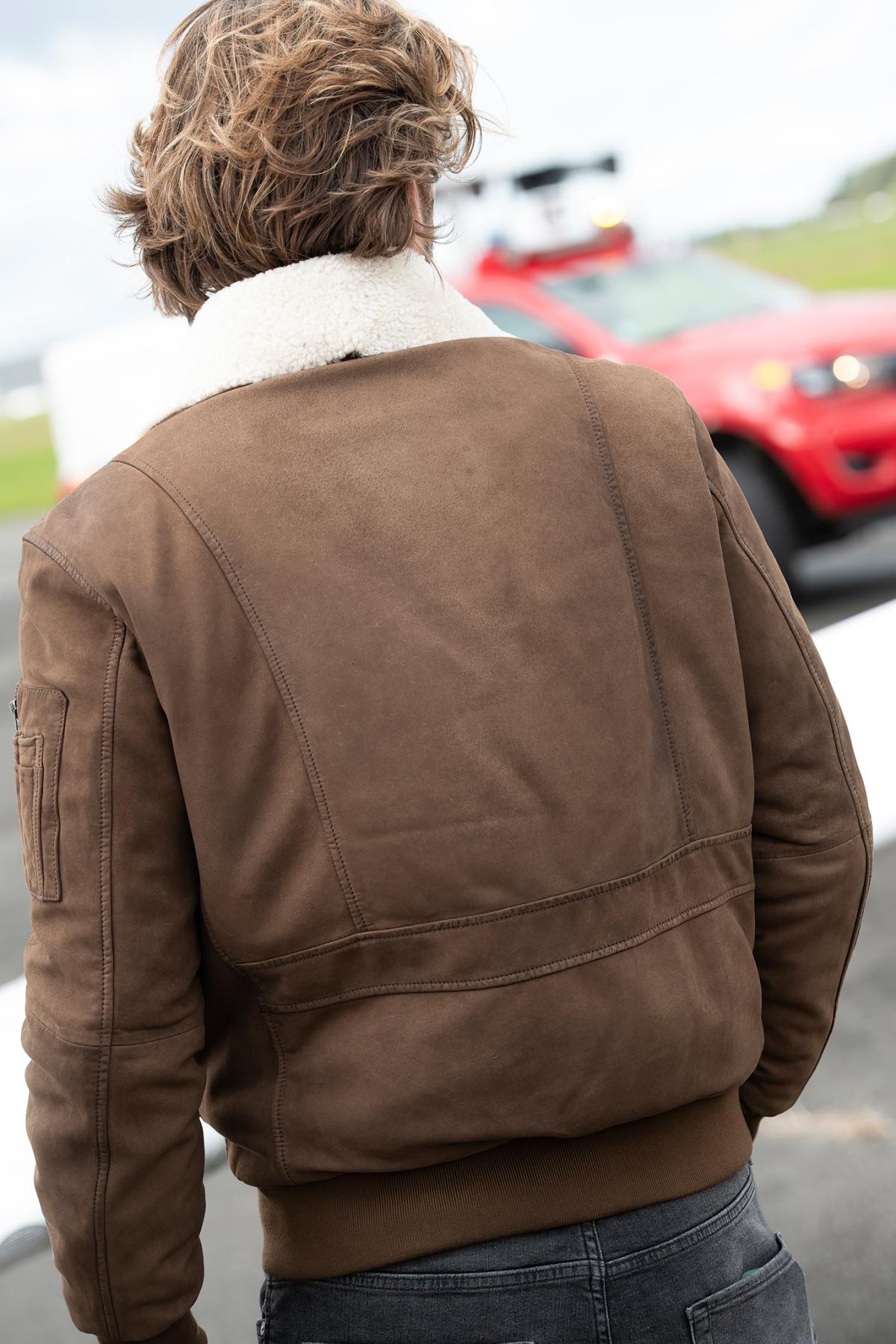 Chocolate Suede Leather Bomber Jacket - Image n°4